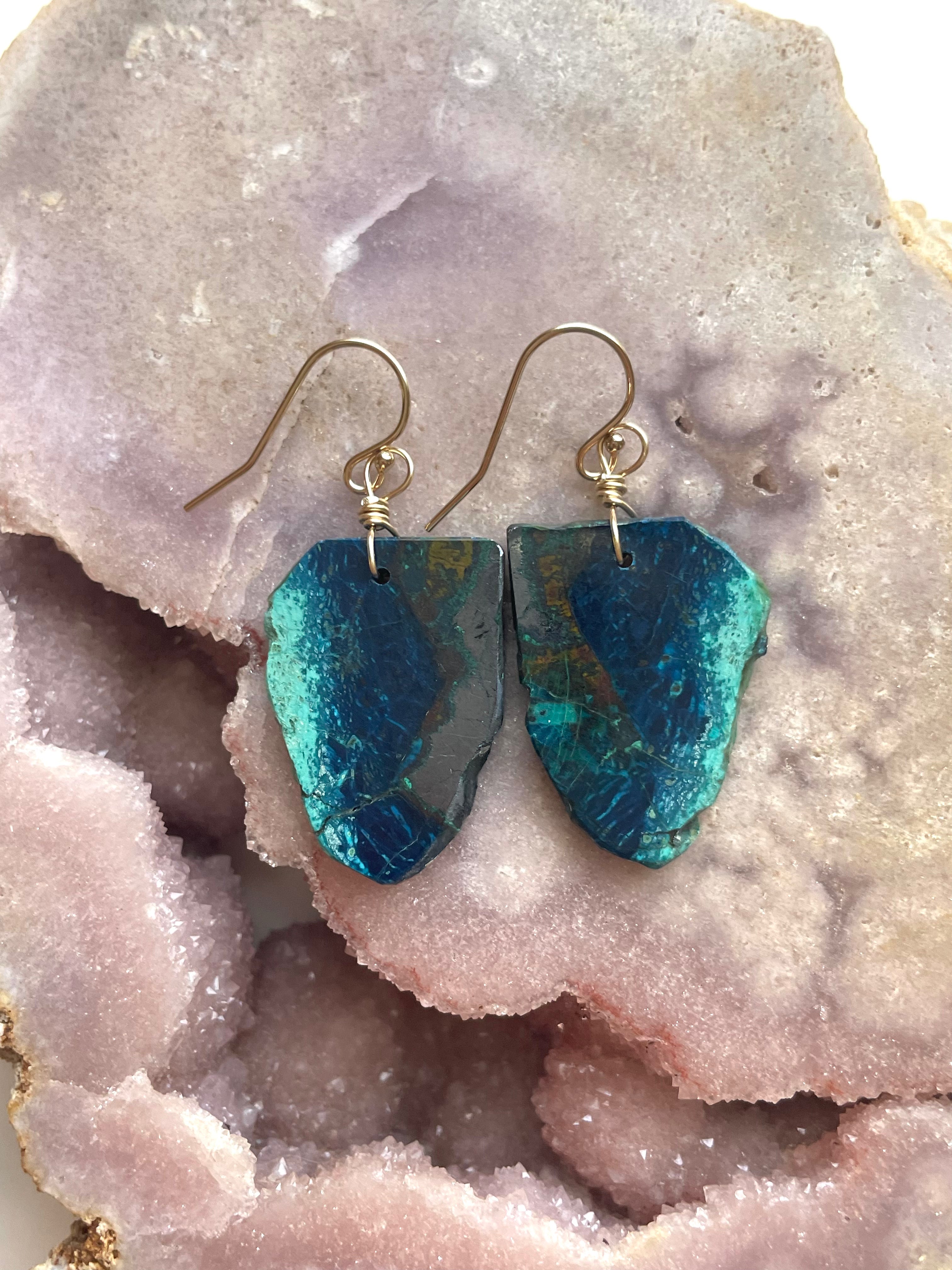 Chrysocolla Gold Filled Statement Crystal Gemstone Earrings for Women - Elegant Dangle Drop Earrings for Party, Wedding & Special Occasions