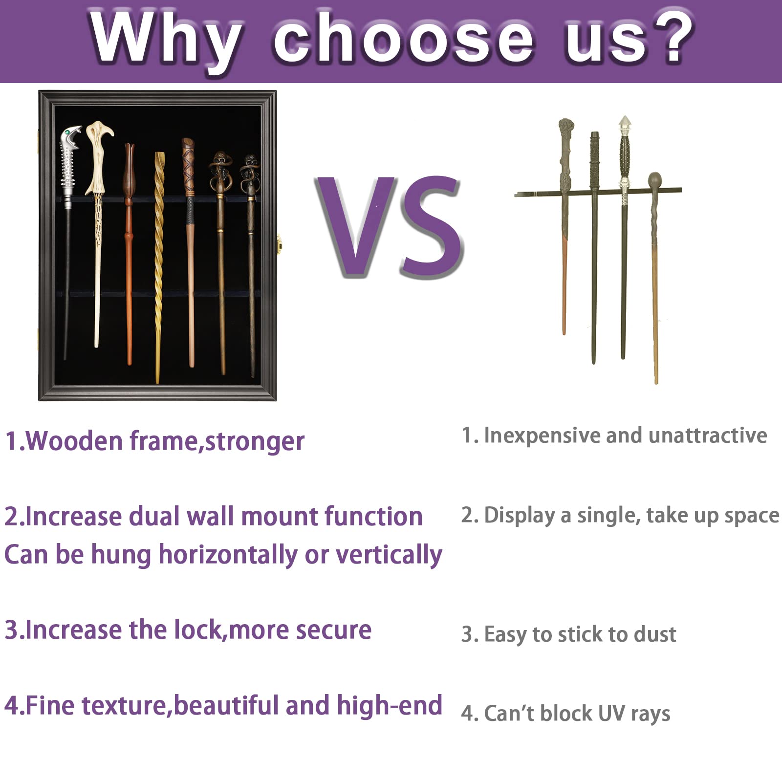Magic Wand Display Case - Universal Wall Mount Stand for 7 Wands, Lockable Vertical/Horizontal Hanging Wooden Rack (Black) | Perfect for Harry Potter Collections, MagiQuest Games & Witchcraft Decor