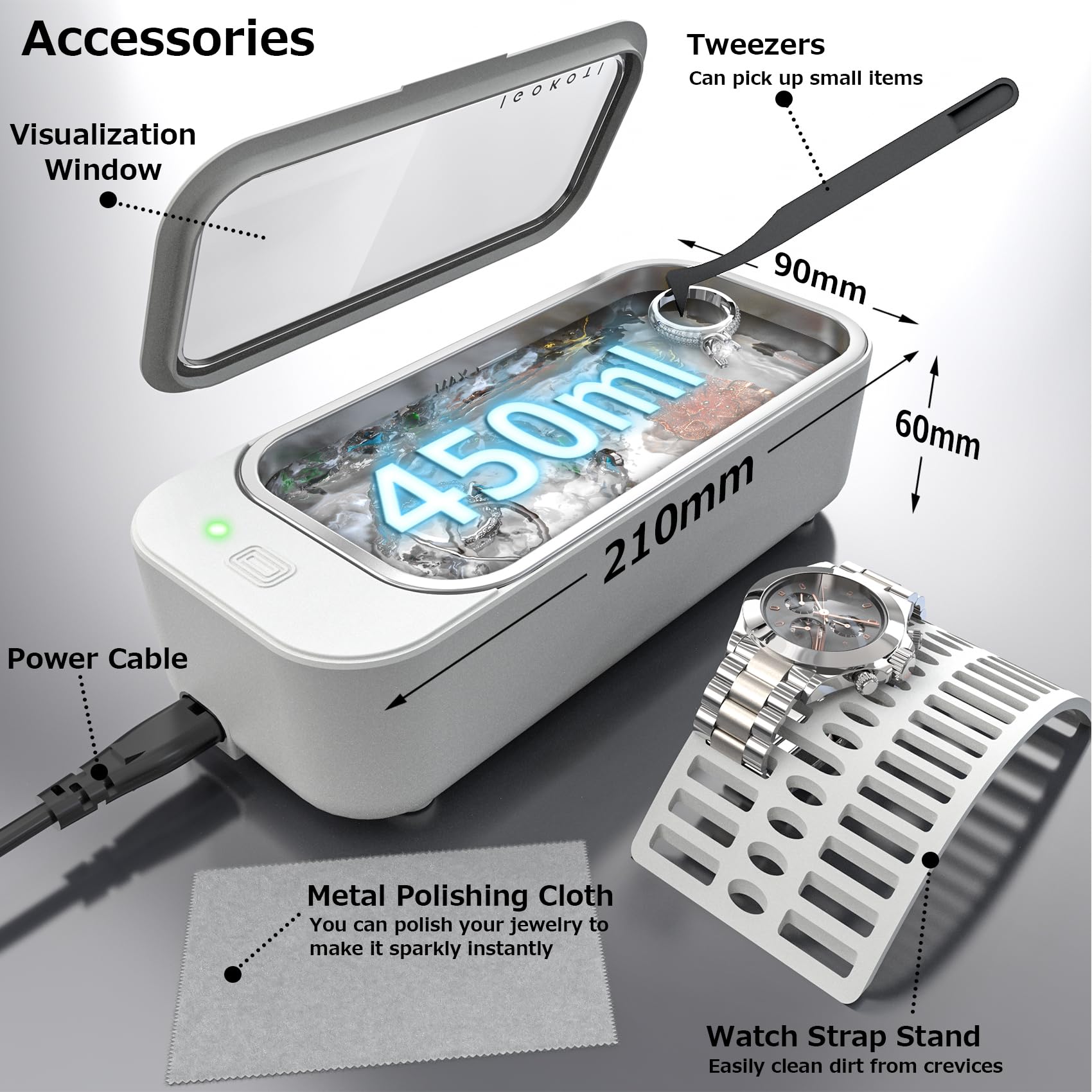 Professional 42kHz Ultrasonic Jewelry Cleaner Machine with Timer - 450ML Capacity for Glasses, Watches, Earrings, Rings & Necklaces - Perfect for Home, Office or Jewelry Store Use (White)