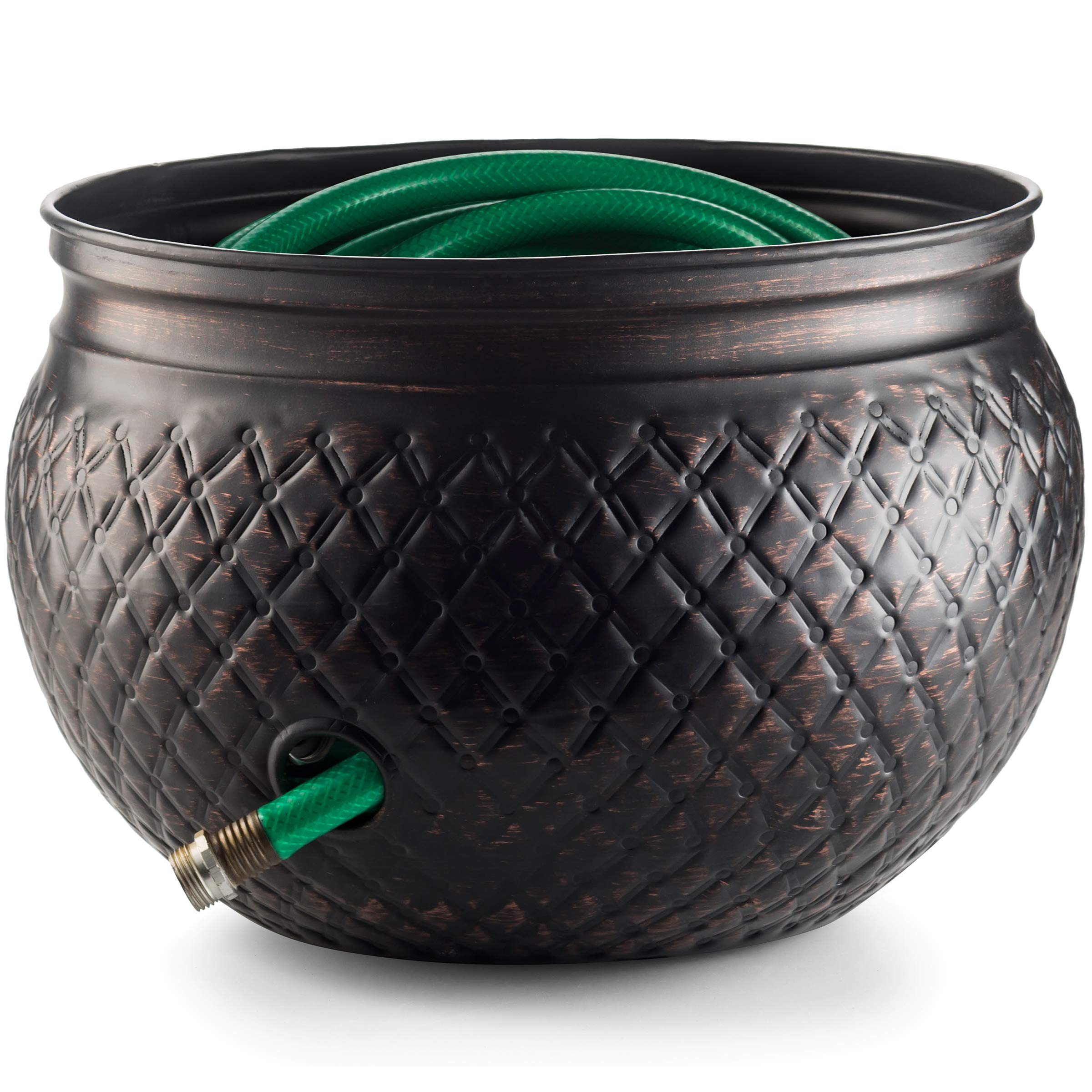 LifeSmart 16 x 12 Inch Garden Hose Pot Storage Holder with Lid - Decorative Copper Accents Outdoor Organizer for Garden Tools, Hoses & Yard Accessories - Perfect for Patio, Backyard & Garage Storage