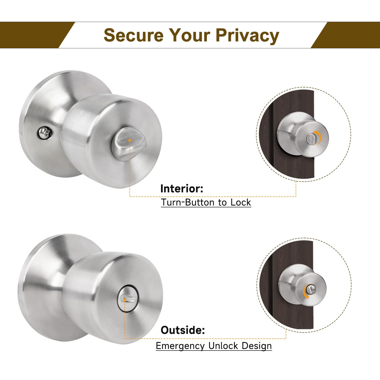**Keyless Privacy Door Knob with Lock - Round Ball Interior Door Handle in Satin Nickel for Bedroom, Bathroom & Home Security - Perfect for Privacy & Safety**