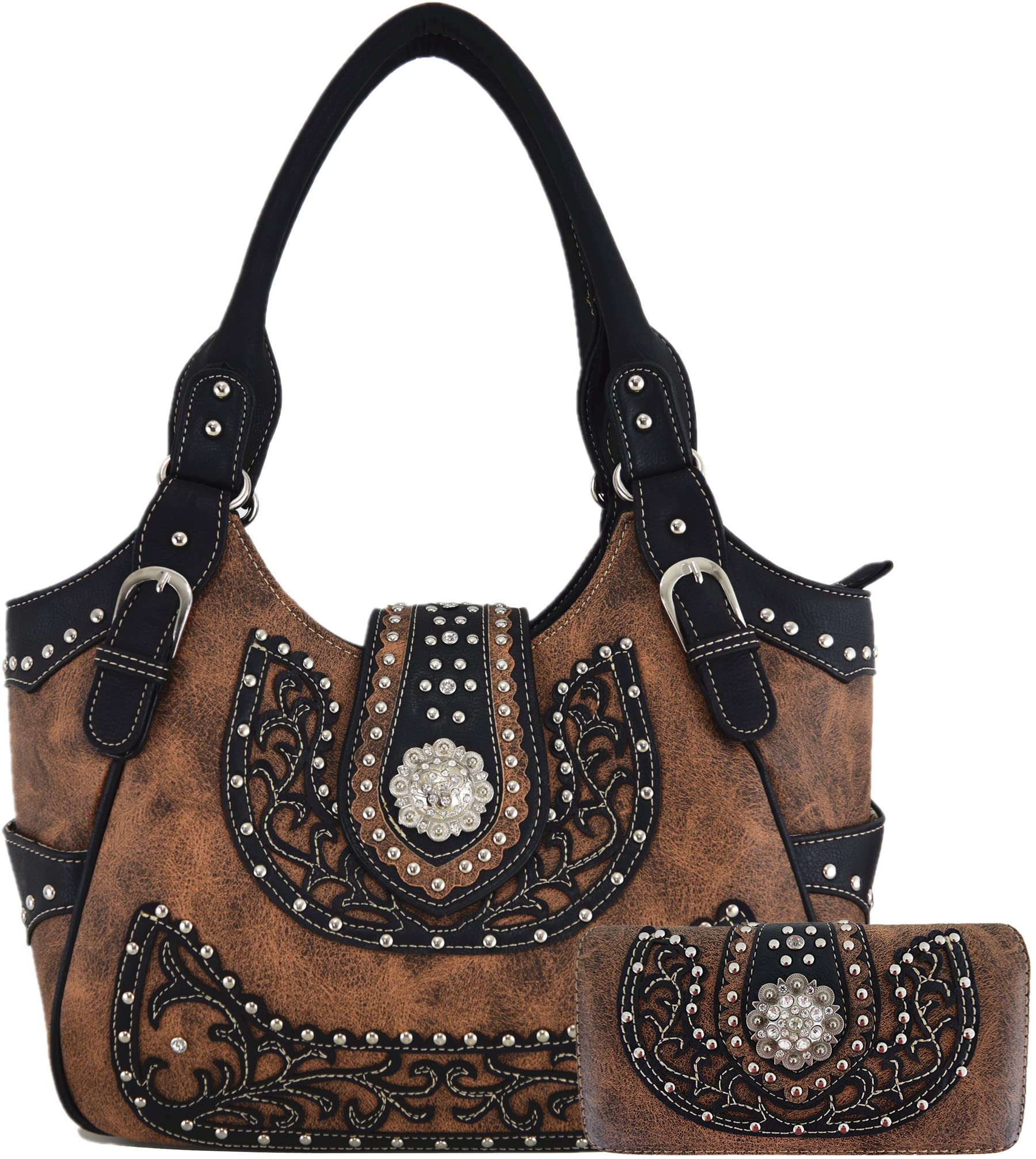 Western Style Berry Conchos Cowgirl Country Conceal Carry Crossbody Purse for Women - Leather Shoulder Bag with Wallet Set (Brown) - Perfect for Rodeo, Concerts & Everyday Use