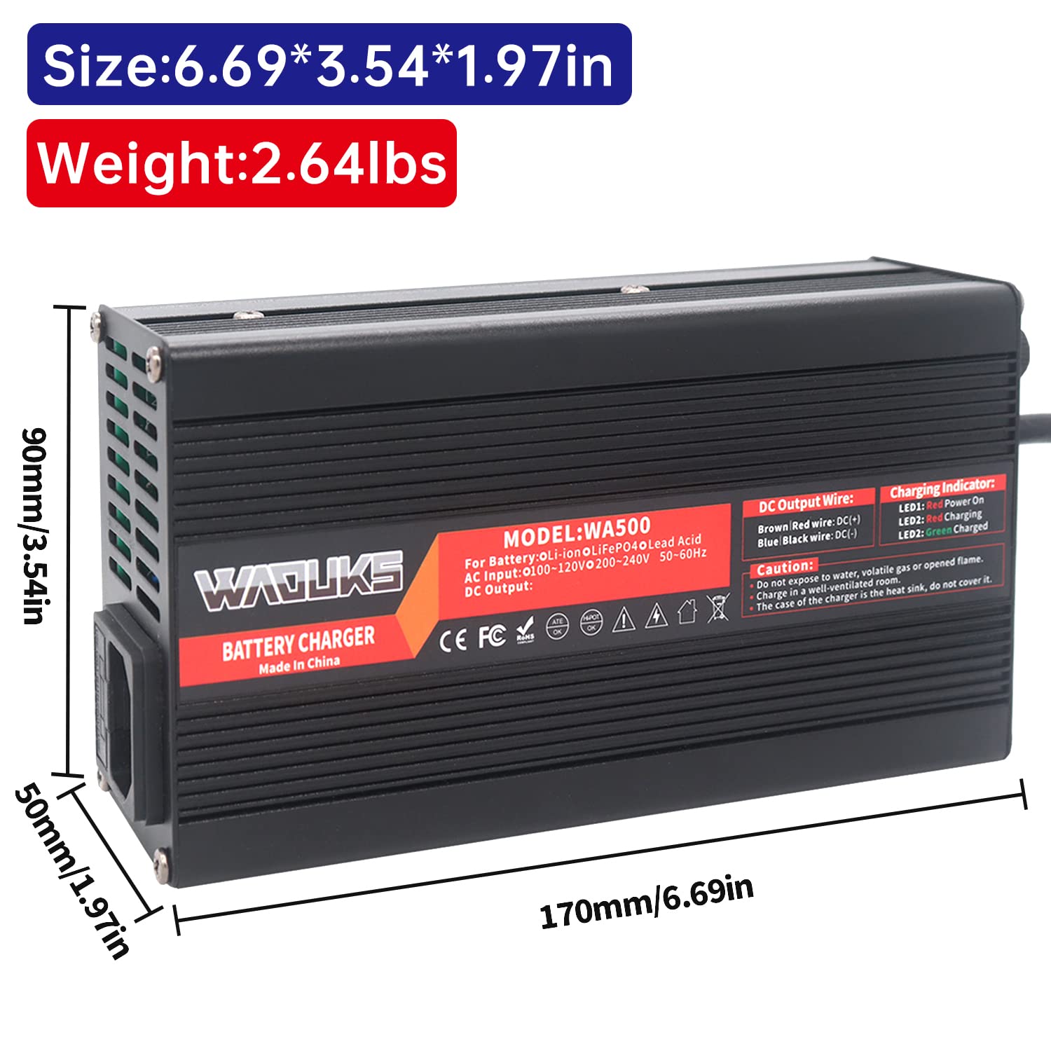 WAOUKS 54.6V 6A Smart Charger for 13S 48V Lithium Battery Packs - Aluminum Case with Cooling Fan | Fast Charging for Ebikes, Scooters & Electric Vehicles | Perfect for Home, Workshop & Outdoor Use