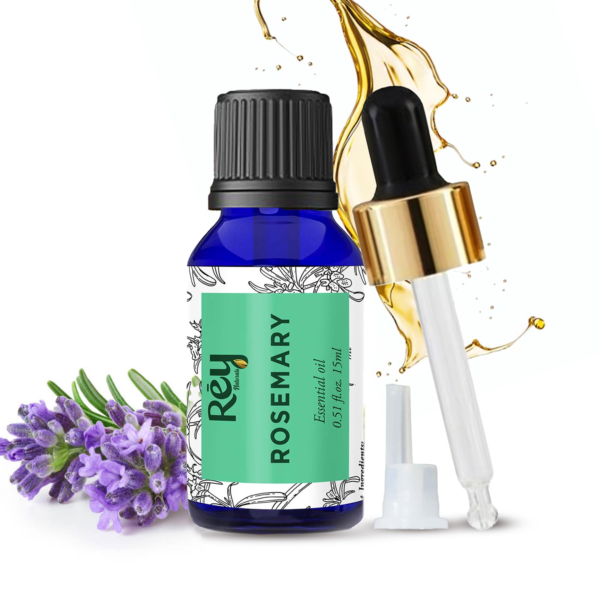 Rey Naturals Pure Rosemary Essential Oil for Hair Growth, Hair Loss Control & Dandruff Treatment | Non-Greasy Skin & Body Oil for Soft, Shiny Hair | Natural Hair Care for Women & Men - 15ml | Perfect for Scalp Massage, Aromatherapy & DIY Beauty Recipes