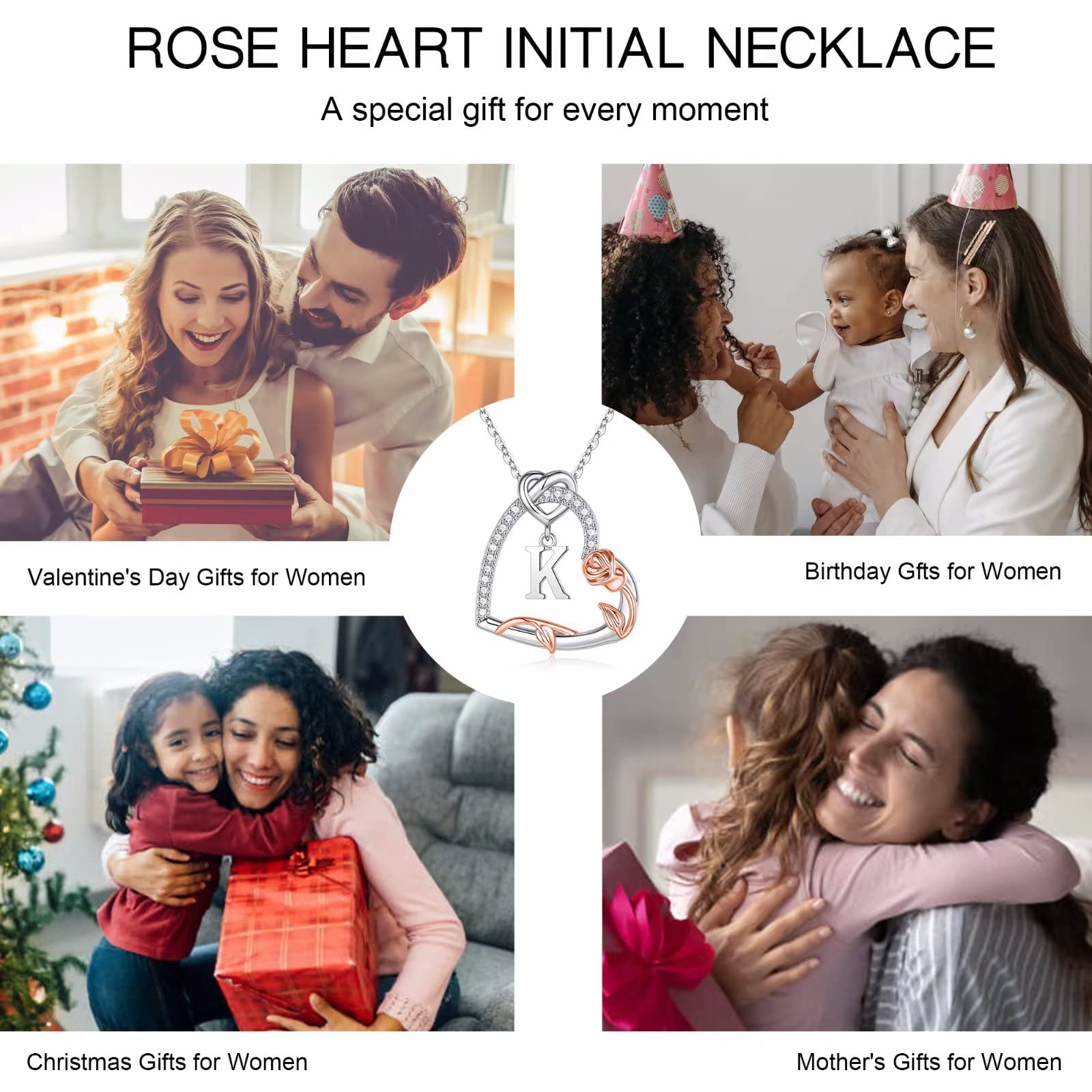 925 Sterling Silver Rose Heart Initial Necklace for Women - Personalized Anniversary Birthday Gift for Wife, Girlfriend, Mom, Daughter | Romantic Jewelry for Valentine's Day, Mother's Day, Wedding Proposal