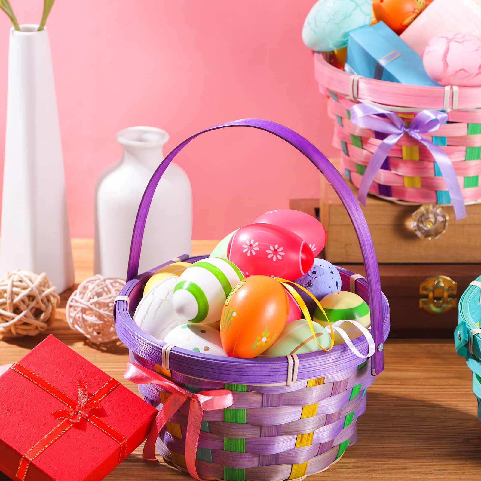 Yulejo Easter Woven Bamboo Basket Set - 4 Piece Round Small Baskets with Handles for Easter Egg Hunt, Picnic, Party Supplies & Birthday Decorations - Perfect for Spring Celebrations, Home Decor and Gift Giving