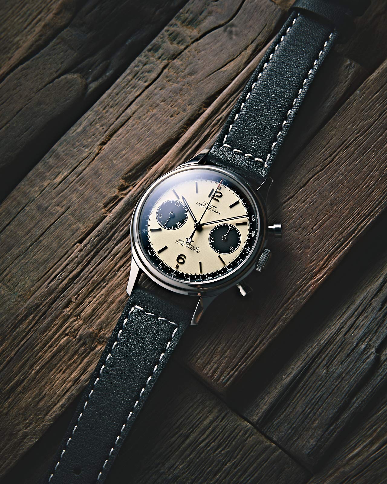 Sugess ST1901 Men's Mechanical Chronograph Watch - Hand Wind Movement, Panda Dial, 5ATM Waterproof, Sapphire Crystal, Military Pilot Style with Leather Strap - Perfect for Business, Casual Wear & Outdoor Adventures