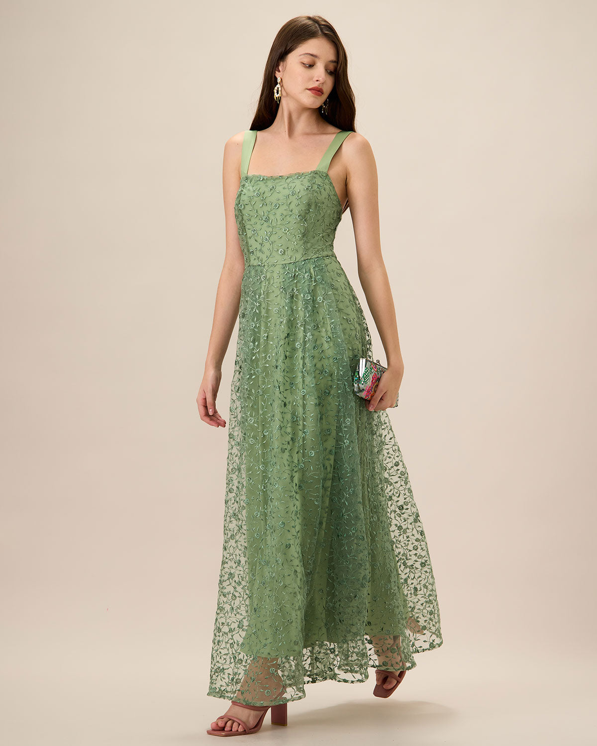 Elegant Women's Green Embroidery Mesh Slip Maxi Dress - Flowy Summer Evening Gown for Beach Wedding, Party & Vacation