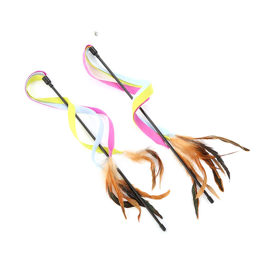 2pcs Cat Teaser Toy with Feather & Bell - Interactive Cat Wand Toy for Play & Exercise - Colorful Cloth Teasing Stick for Indoor Cats & Kittens - Perfect for Bonding & Entertainment