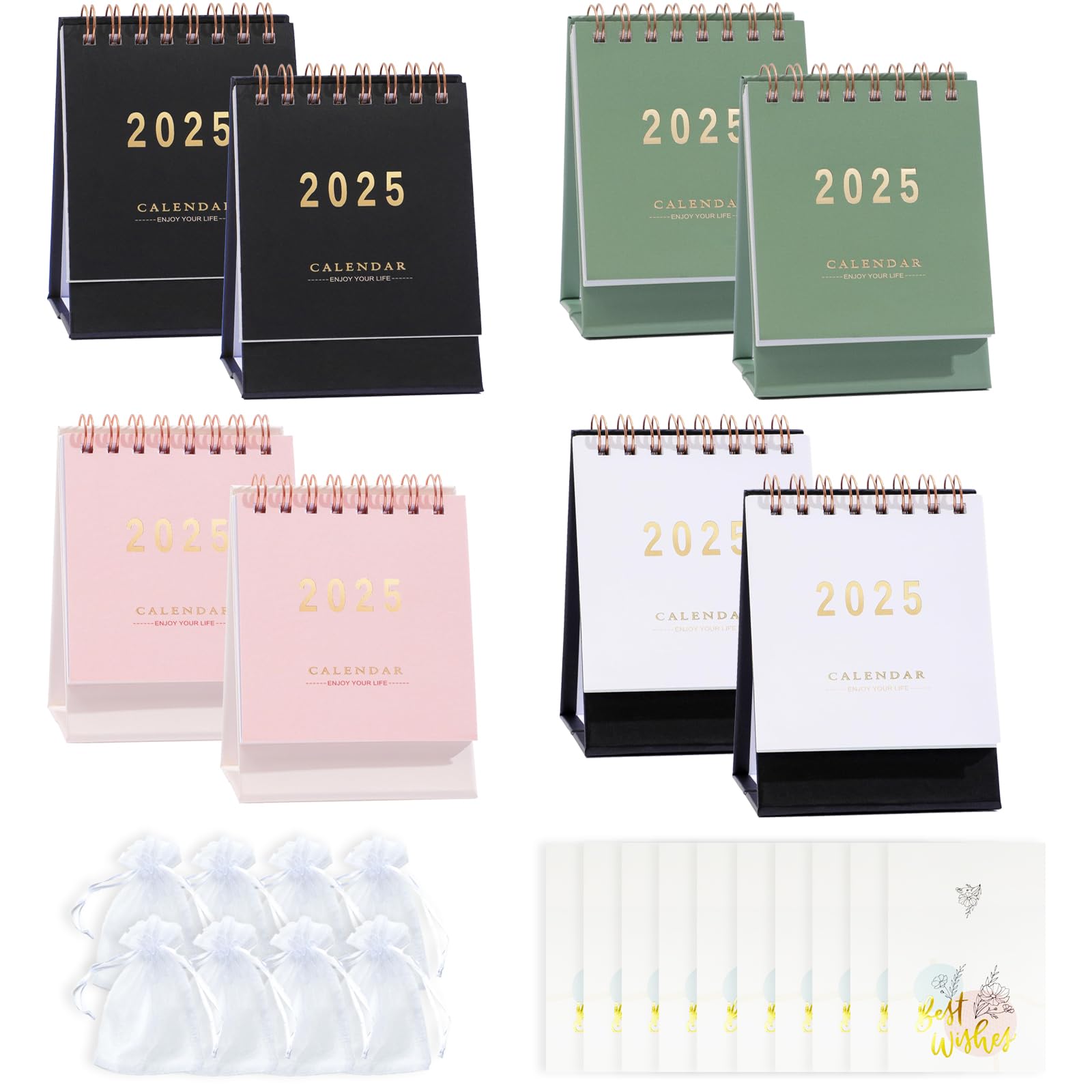 8-Piece Mini Desk Calendar Set 2025 with Gift Bag & Cards - Small Desktop Planner for Home, Office, School (4 Colors) | Perfect for Easter, Graduation, Coworker Gifts & Daily Planning Until December 2025
