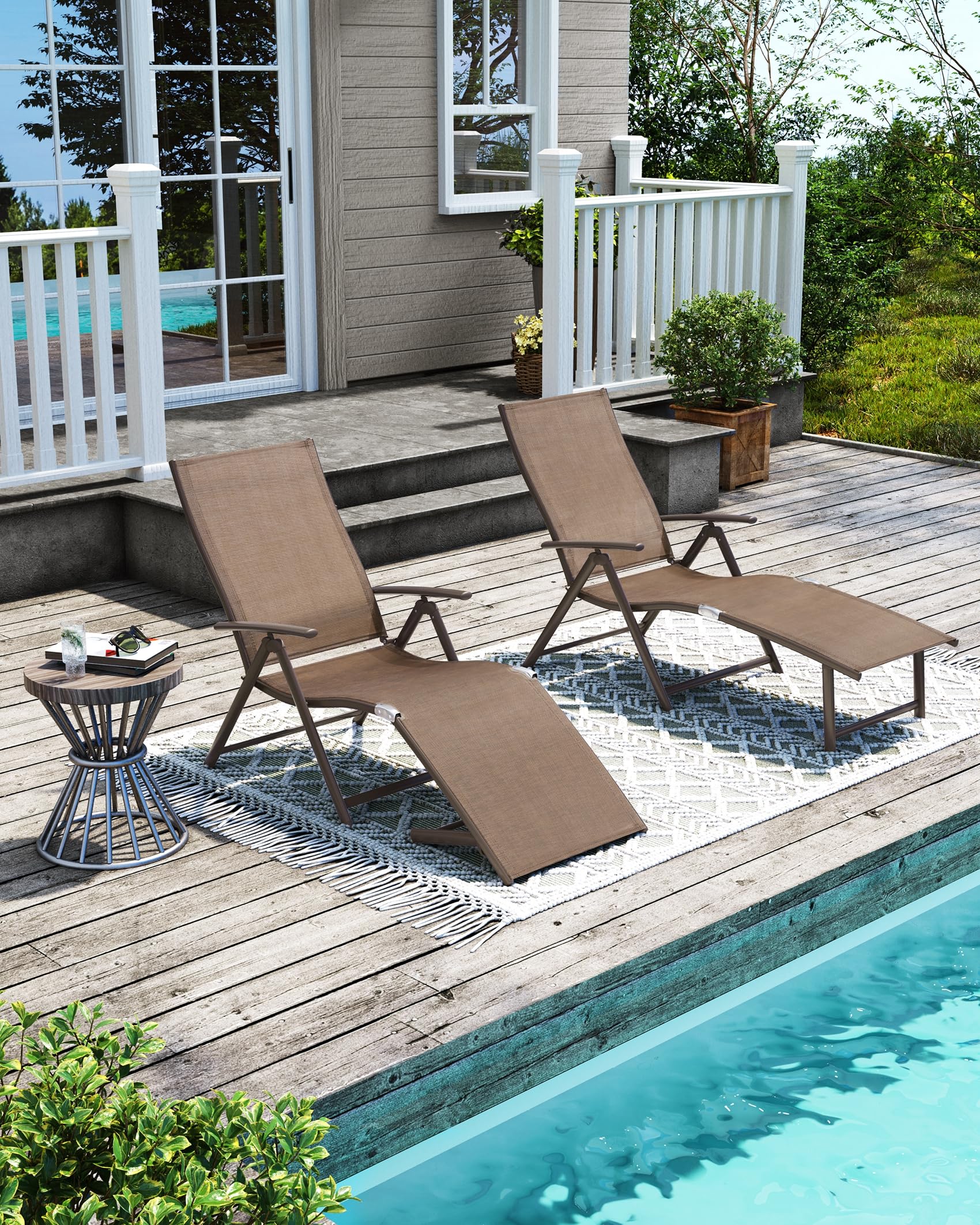 Pellebant Outdoor Chaise Lounge Set of 2 - Adjustable Aluminum Pool Lounge Chairs with Footrest - Foldable Patio Furniture for Beach, Poolside, Deck & Backyard Relaxation (2-Piece Set, Brown) - Perfect for Sunbathing, Lounging by the Pool, or Outdoor Entertaining