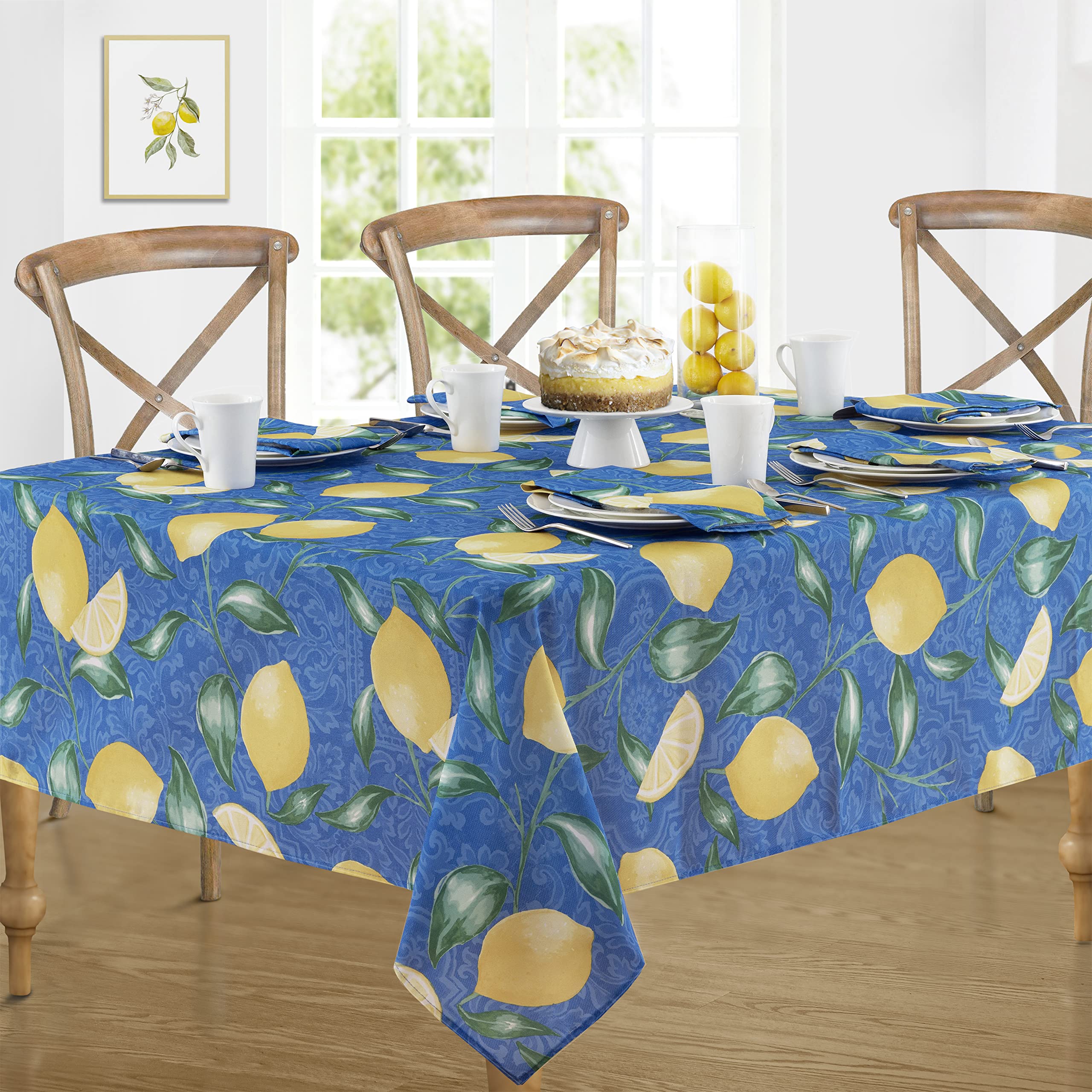 Newbridge Mediterranean Lemon Zest Tablecloth - French Provence Blue & Yellow Lemon Print - Water & Stain Resistant Fabric for Indoor/Outdoor Use - 52x70 Inch Rectangle - Perfect for Picnics, Patio Dining & Kitchen Decor