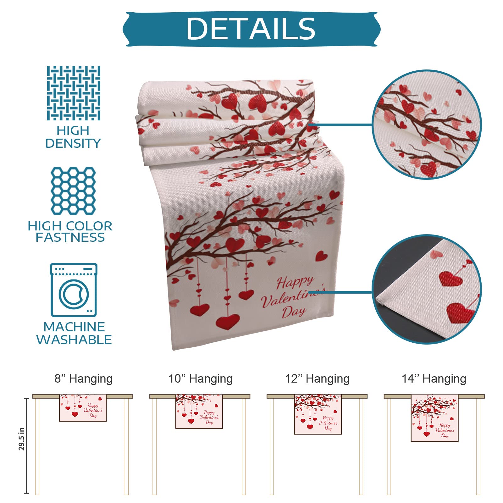120 Inch Long Pink Cotton Linen Valentine's Day Table Runner - Romantic Heart Tree Design for Wedding, Party, Dining Table Decor - Perfect for Coffee Tables, Holiday Celebrations & Romantic Home Decor
