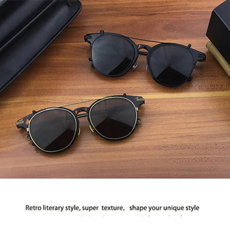 Aimee Unisex Full Rim Round Acetate Eyeglasses with Titanium Clip-On Sunglasses - Stylish Reading Glasses & Sun Protection for Men & Women | Perfect for Outdoor Activities, Driving, and Fashion Accessories