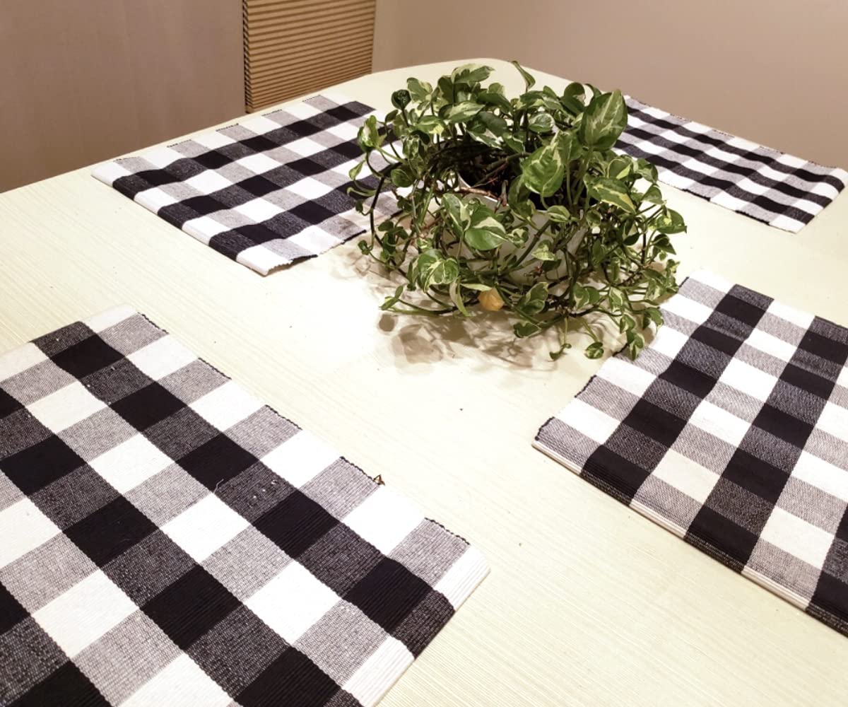 Black Cotton Placemats Set of 4 - Buffalo Plaid Checkered Table Mats 13x18 Inch - 100% Washable Linen Fabric for Dining Table - Rustic Farmhouse Decor for Thanksgiving, Christmas & Everyday Use