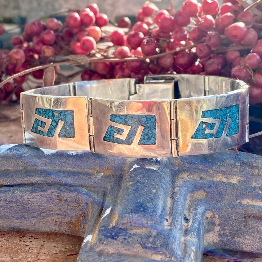 Vintage Mexican Sterling Silver Turquoise Mosaic Bracelet - Handmade Boho Jewelry for Women - Perfect for Festivals, Weddings & Everyday Wear