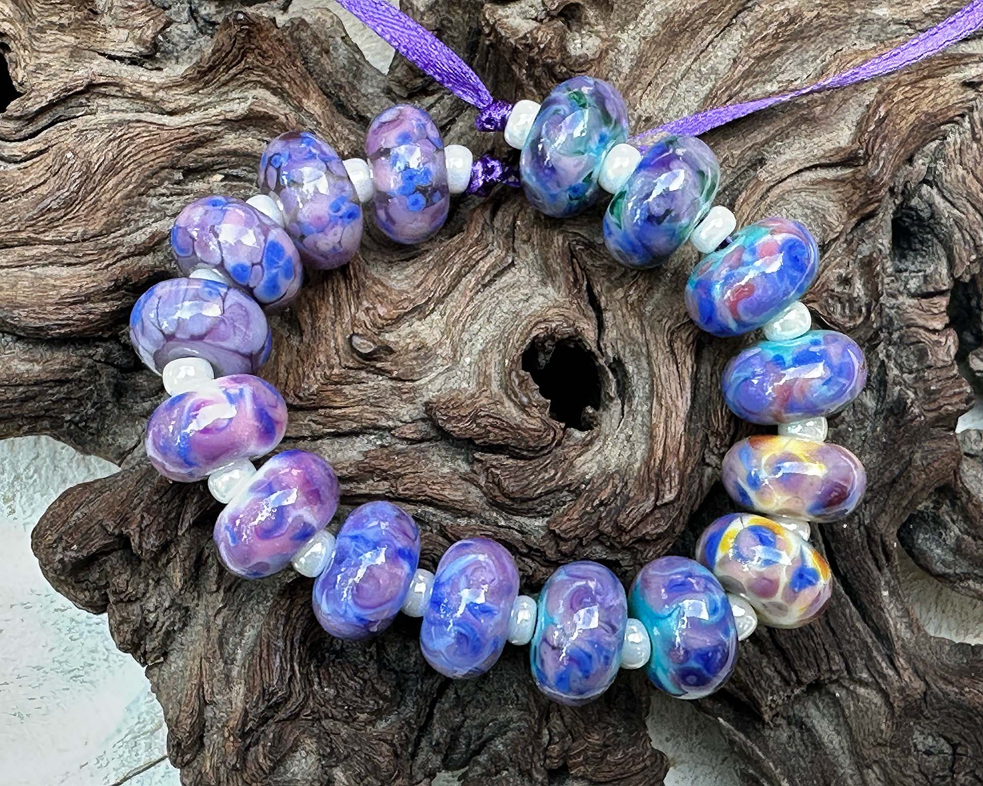 16 Blue Purple Mosaic Glass Lampwork Beads Set for Jewelry Making - DIY Bracelet, Necklace & Craft Projects - Handmade Artisan Beads for Boho Style Accessories