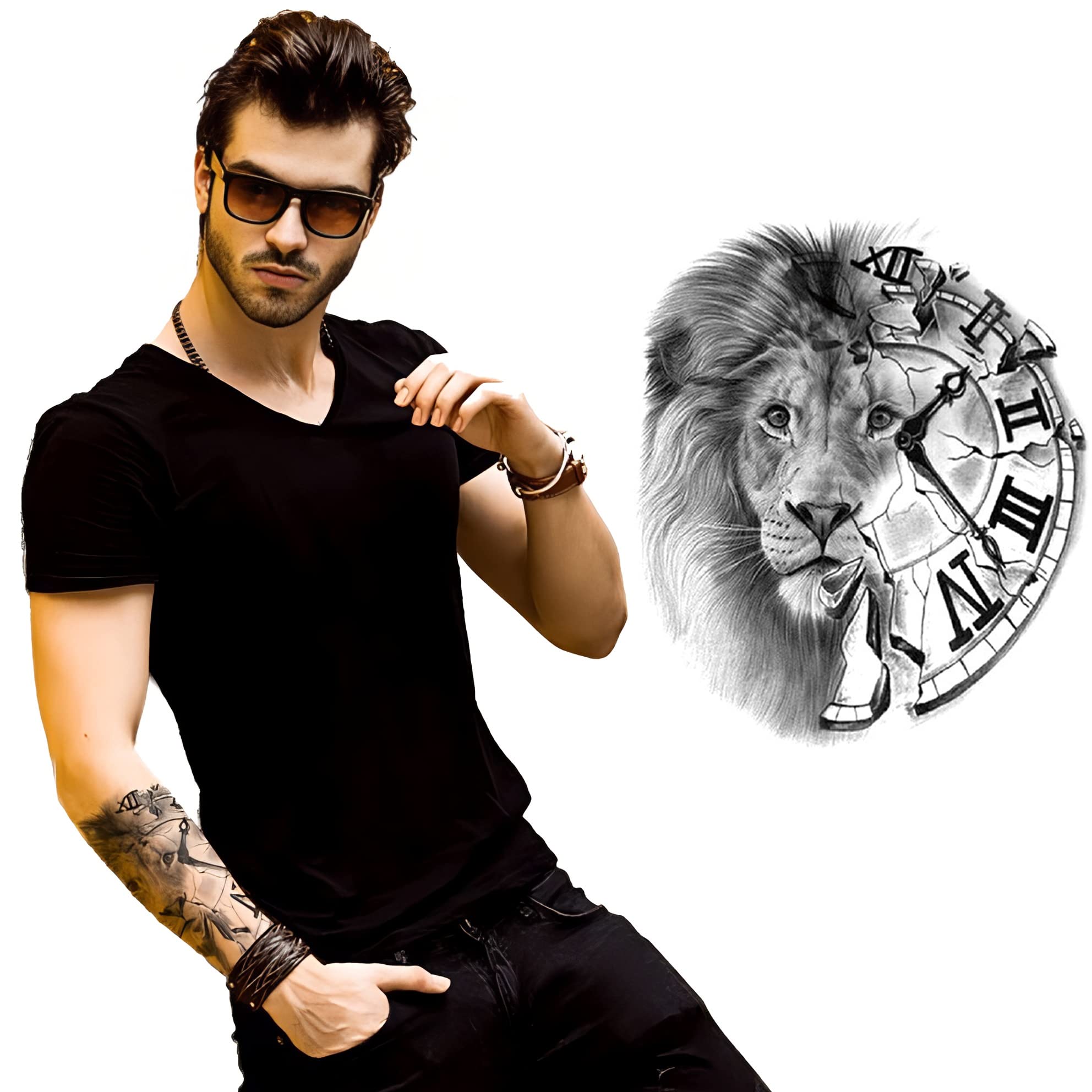 Waterproof Temporary Tattoos for Men & Women - Lion Face with Half Clock Design | Long Lasting Fake Tattoos for Parties, Halloween & Cosplay | S.A.V.I Fashion Body Art
