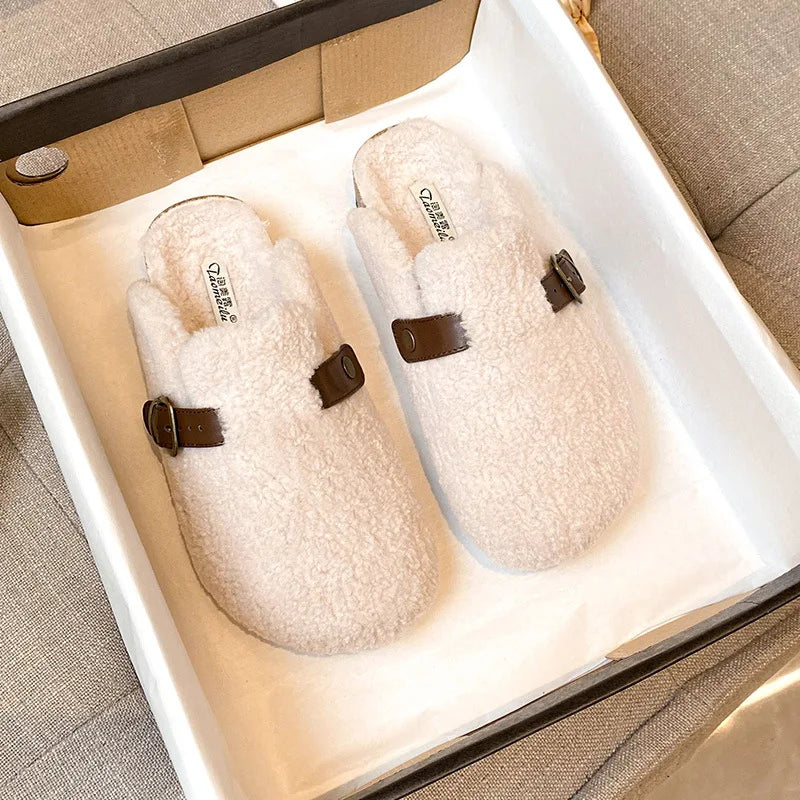 2023 Winter Warm Women's Plush Slippers - Cozy Indoor/Outdoor Flat Shoes for Home & Office - Ladies Casual Mules Size 41-43 - Perfect for Lounging, Working & Winter Comfort