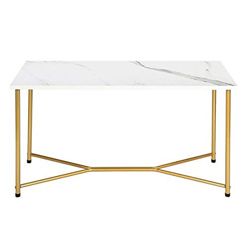 HODELY 1.5cm Thick Single Layer MDF Marble-Look Square Coffee Table with Gold Metal Legs - Modern Living Room Furniture for Small Spaces & Apartments