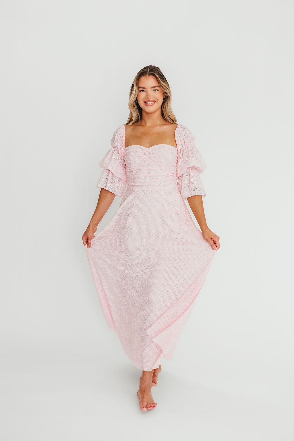 Corrine Tiered Sleeve Maxi Dress with Pockets - Baby Pink Maternity Dress | Bump Friendly & Comfortable for Pregnancy, Nursing, Special Occasions & Summer Weddings