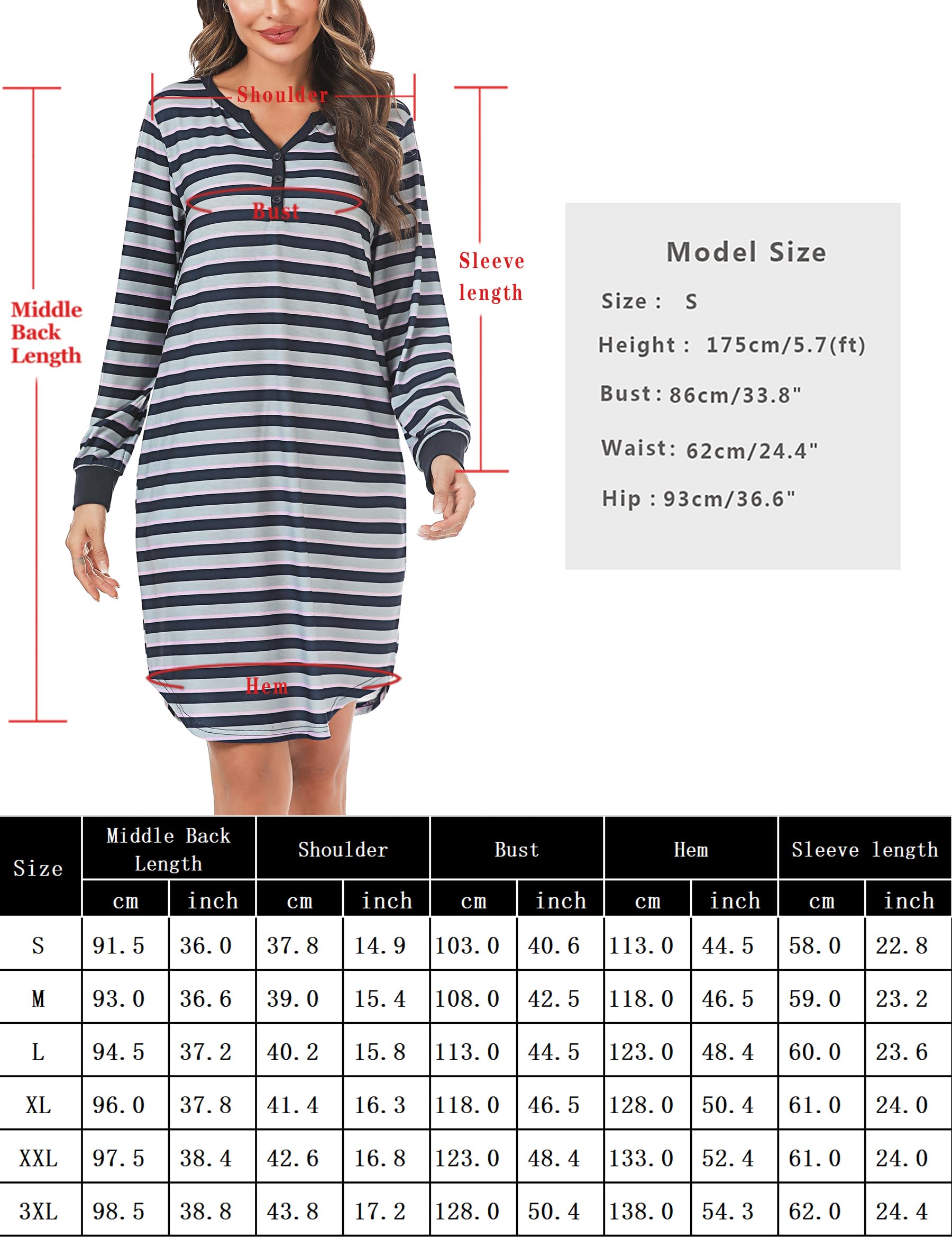 Nieery Women's Long Sleeve V-Neck Striped Nightgown - Ultra Soft Cotton Nightdress with Pockets for Ladies | Perfect for Sleepwear, Lounging & Cozy Nights at Home