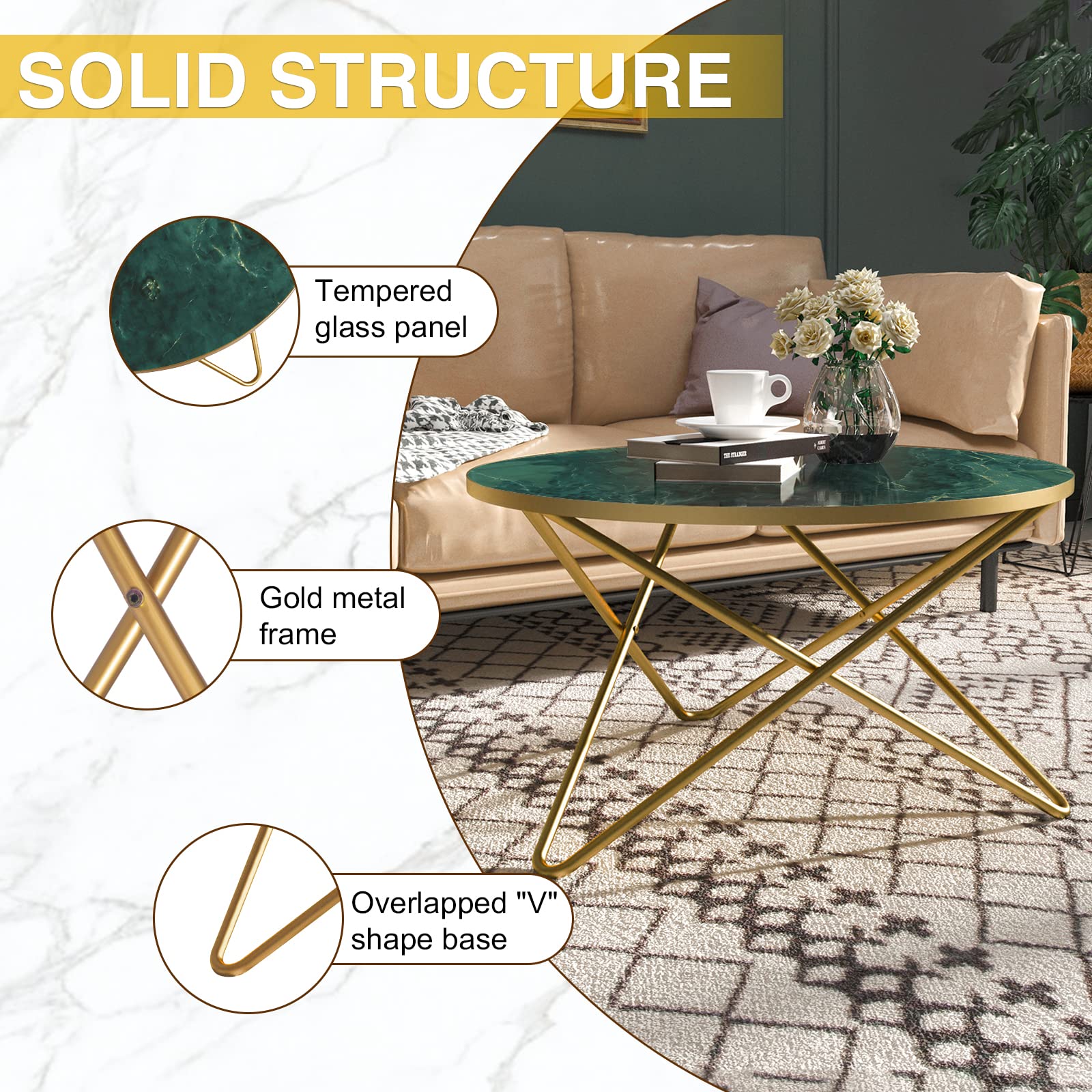 Round Coffee Table with Green Faux Marble Top - Modern Living Room Centerpiece for Small Spaces & Apartments