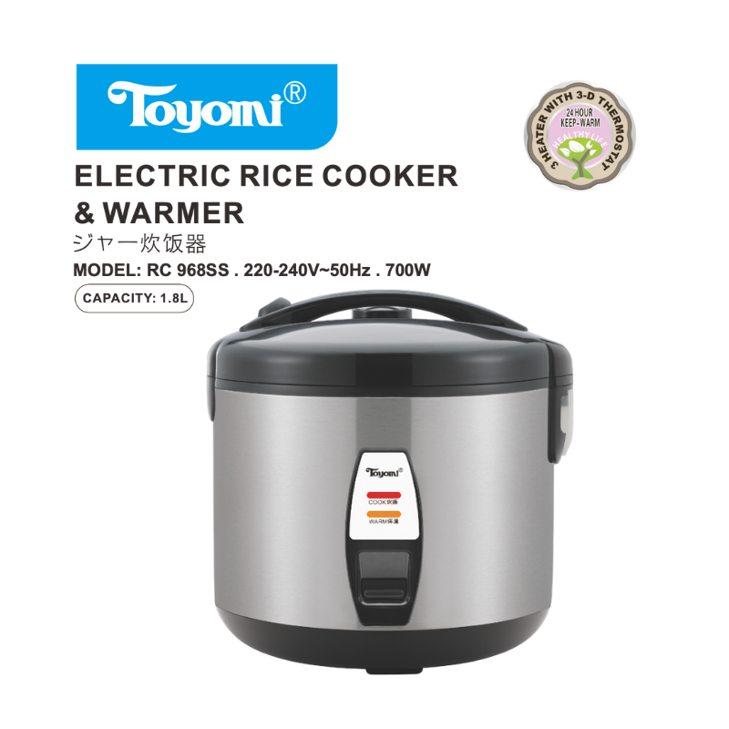 Toyomi 1.8L Electric Rice Cooker & Food Warmer with Stainless Steel Inner Pot - Perfect for Home, Dorm & Office Use - RC 968SS