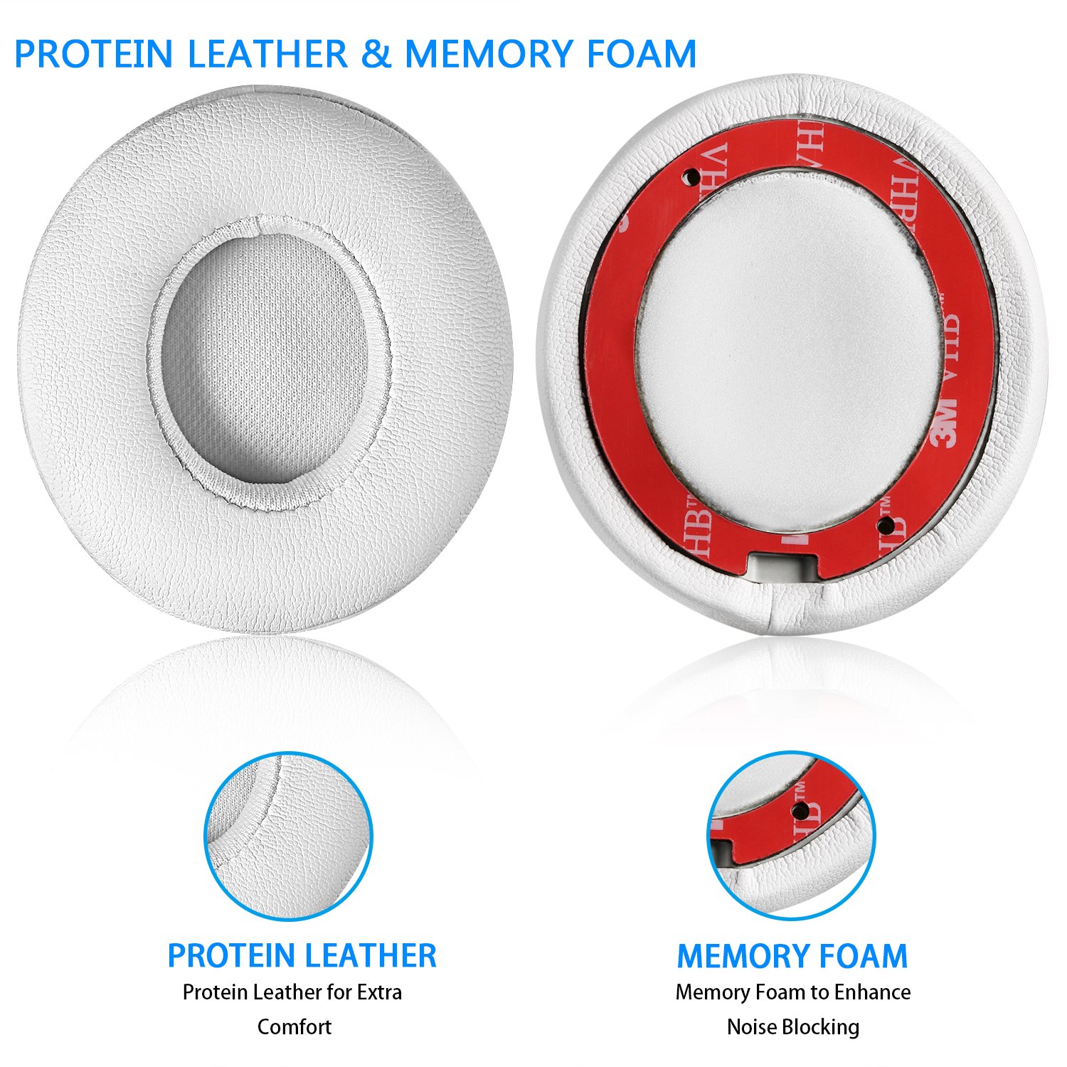 JECOBB Replacement Ear Cushion Pads for Beats Solo 2/3 Wireless Headphones - Premium Protein Leather & Memory Foam Ear Pads (White) - Comfort Upgrade for Music, Gaming & Travel