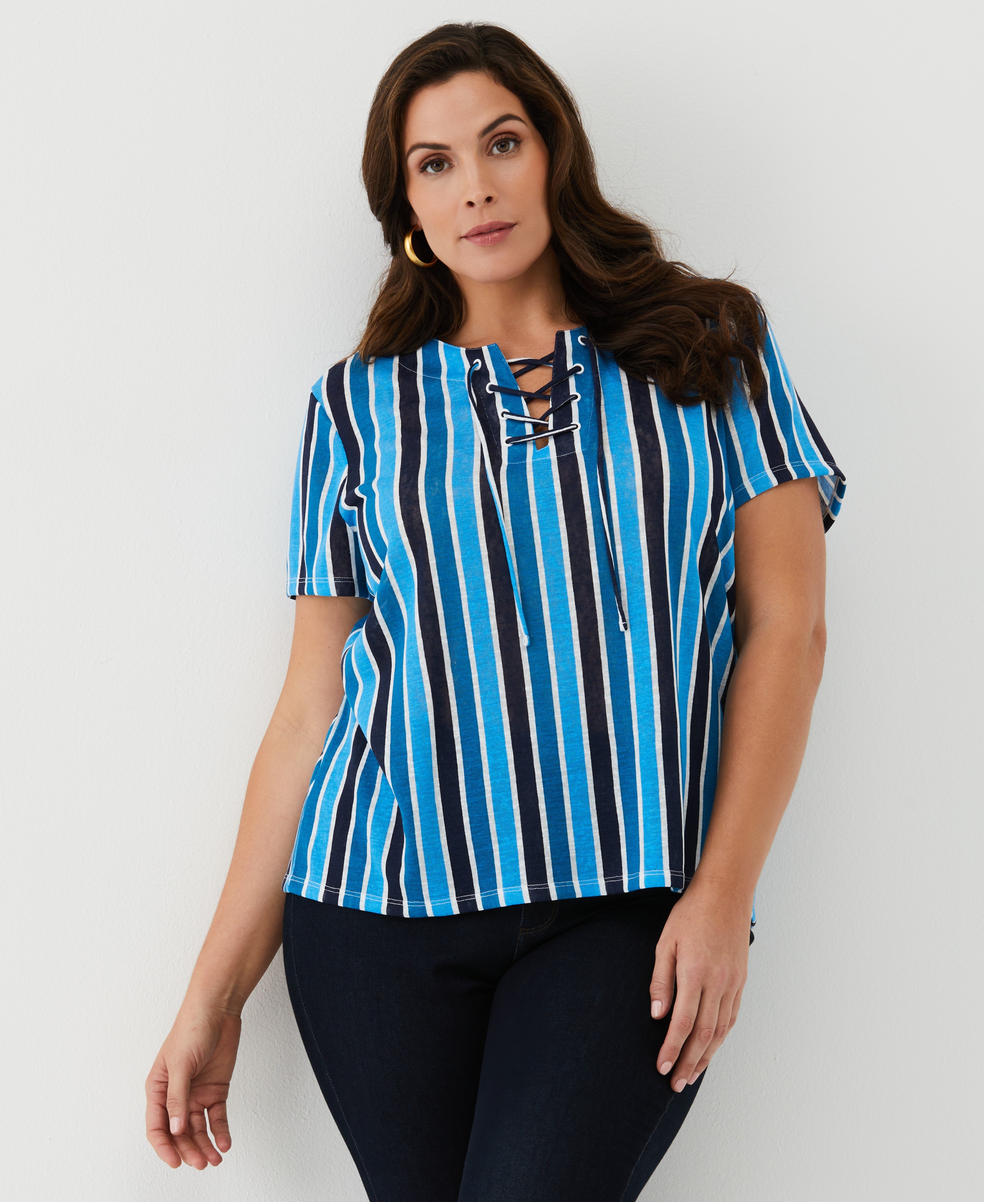 Plus Size Eco-Friendly Striped Lace-Up T-Shirt for Women - Casual & Comfortable Cotton Top for Everyday Wear