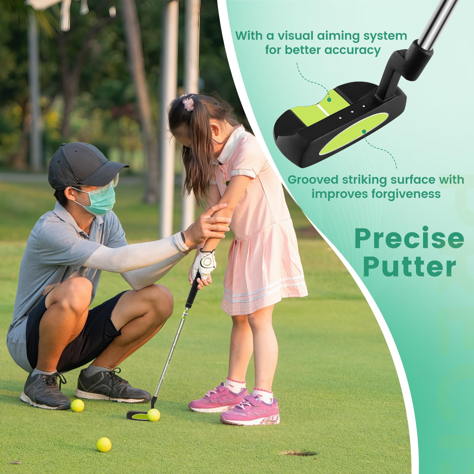 Tangkula Kids Golf Club Set for Children Ages 5-7 - Right Handed Junior Golf Clubs with 205CC #3 Fairway Wood, #7/#S Irons & Putter - Includes Head Covers, Rain Hood & Stand Bag - Perfect for Backyard Practice & Junior Golf Tournaments