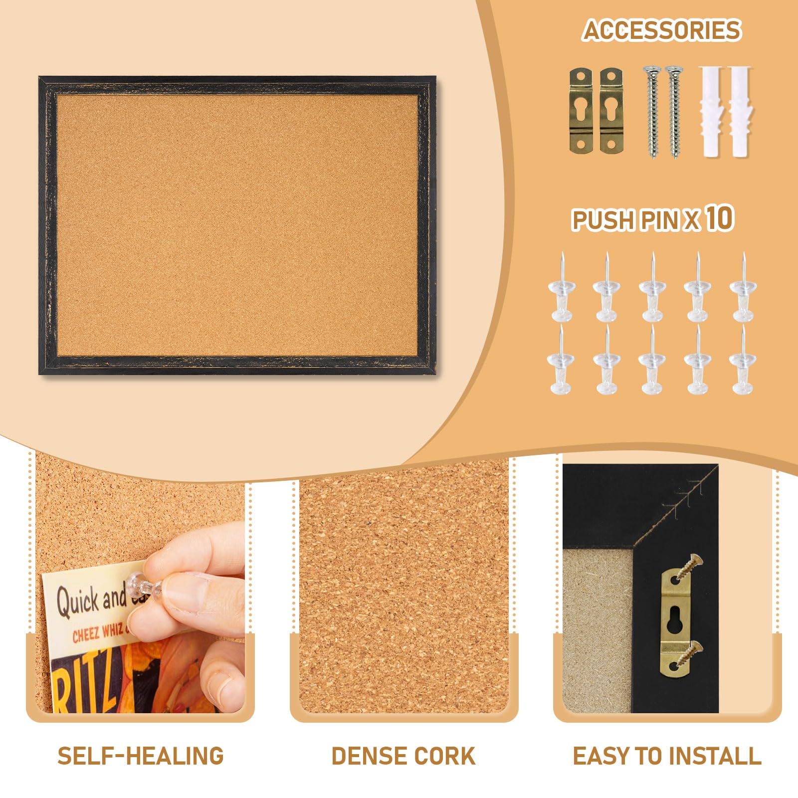 24x18 Inch Cork Bulletin Board with Rustic Wooden Frame - Decorative Office & Home Pin Board for Vision Boards, Notices & Wall Decor (Black) | Perfect for Home Offices, Classrooms & Workspaces