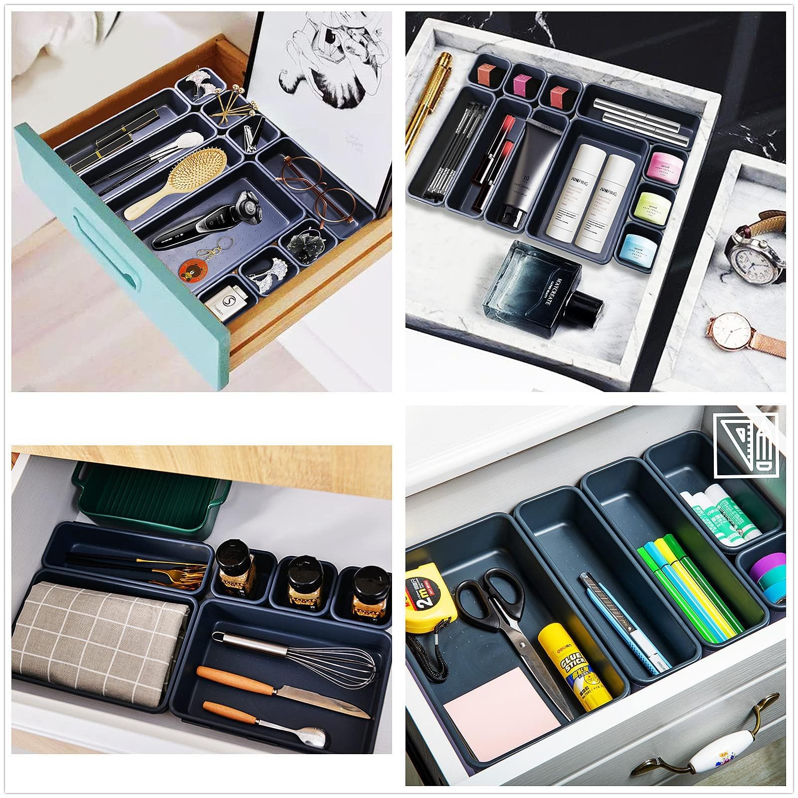 8-Piece Clear Plastic Drawer Organizer Set - 3 Sizes for Bathroom Vanity, Makeup Storage, Kitchen Utensils & Office Supplies | Space-Saving Home Organization Solution for Bedroom, Bath & Kitchen (Black)