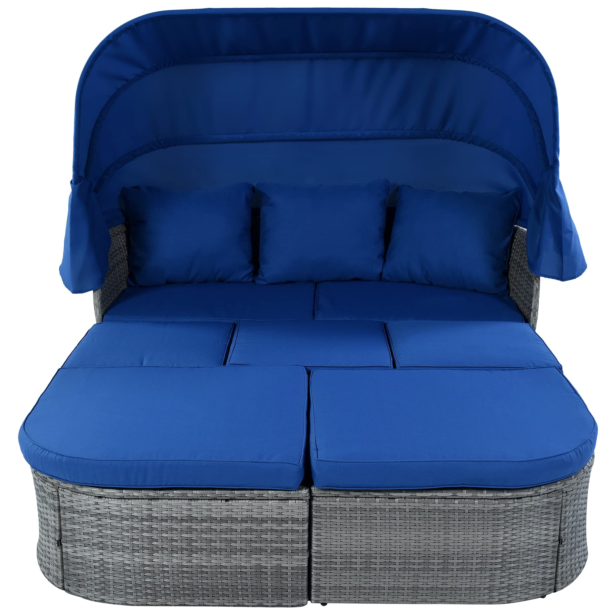 Polibi Patio Sunbed with Retractable Canopy - Rattan Wicker Outdoor Furniture Set with Soft Blue Cushions - Daybed Sofa Conversation Set for Garden, Yard, Poolside & Patio Relaxation