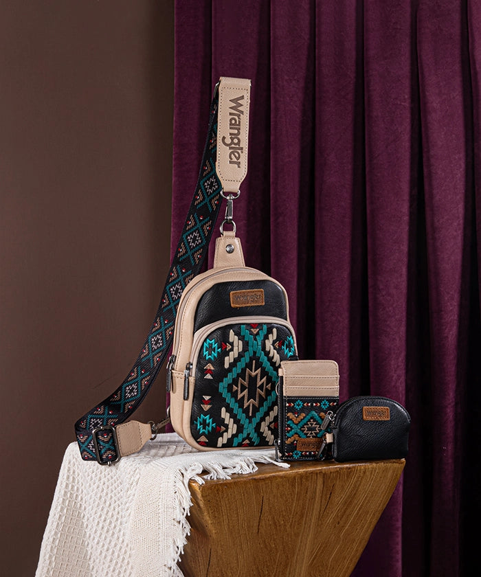 Wrangler Aztec Embroidered Whipstitch Sling Bag - Stylish Crossbody Purse for Women, Men | Perfect for Travel, Hiking & Everyday Use