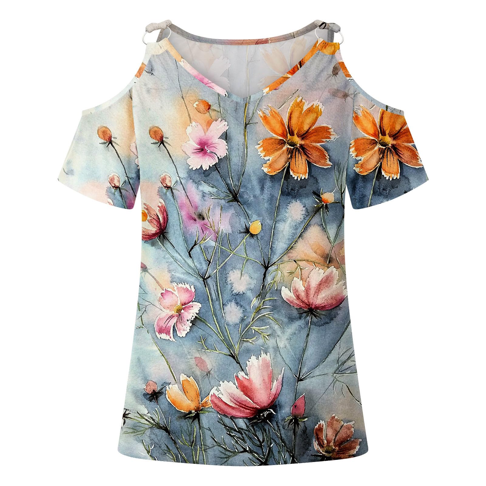 Women's Summer Sexy V-Neck Cold Shoulder T-Shirt - Short Sleeve Printed Blouse, Loose Fit Tunic Top for Casual Wear | Beach, Party & Vacation Outfits