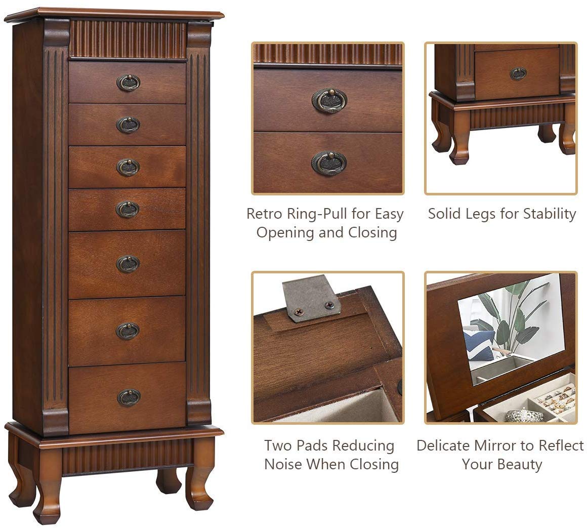 Large Standing Jewelry Armoire Cabinet with 7 Drawers & 2 Doors - Full-Length Mirror, 12 Necklace Hooks & Top Storage Organizer for Jewelry, Makeup & Accessories - Perfect for Bedroom, Dressing Room & Closet Organization