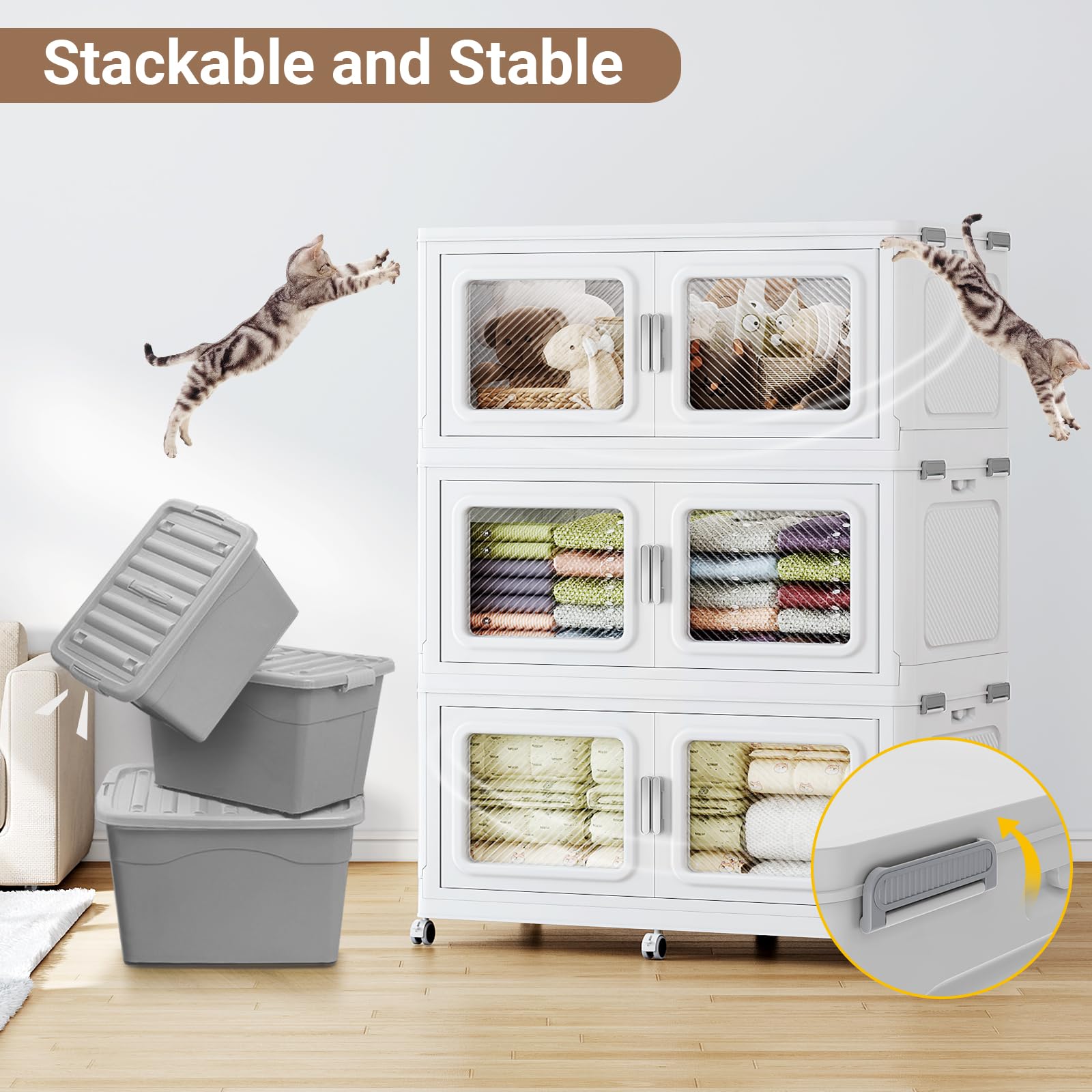225 Gallon Extra Large Storage Bins with Lids - 900 Quart Heavy Duty Plastic Stackable Storage Containers with Wheels - Collapsible Closet Organizer & Storage Drawers for Cabinet, Bedroom, Office (3 Pack) - Perfect for Home Organization, Moving & Seasonal Storage