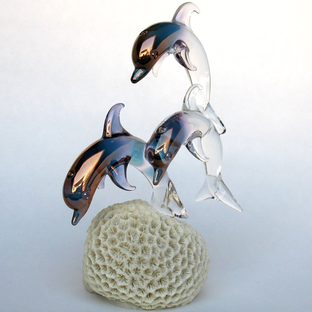 Hand Blown Glass Dolphin Figurine on Coral Reef - Elegant Home Decor, Gift for Ocean Lovers - Perfect for Bookshelf, Office Desk, and Coastal Themed Decorations