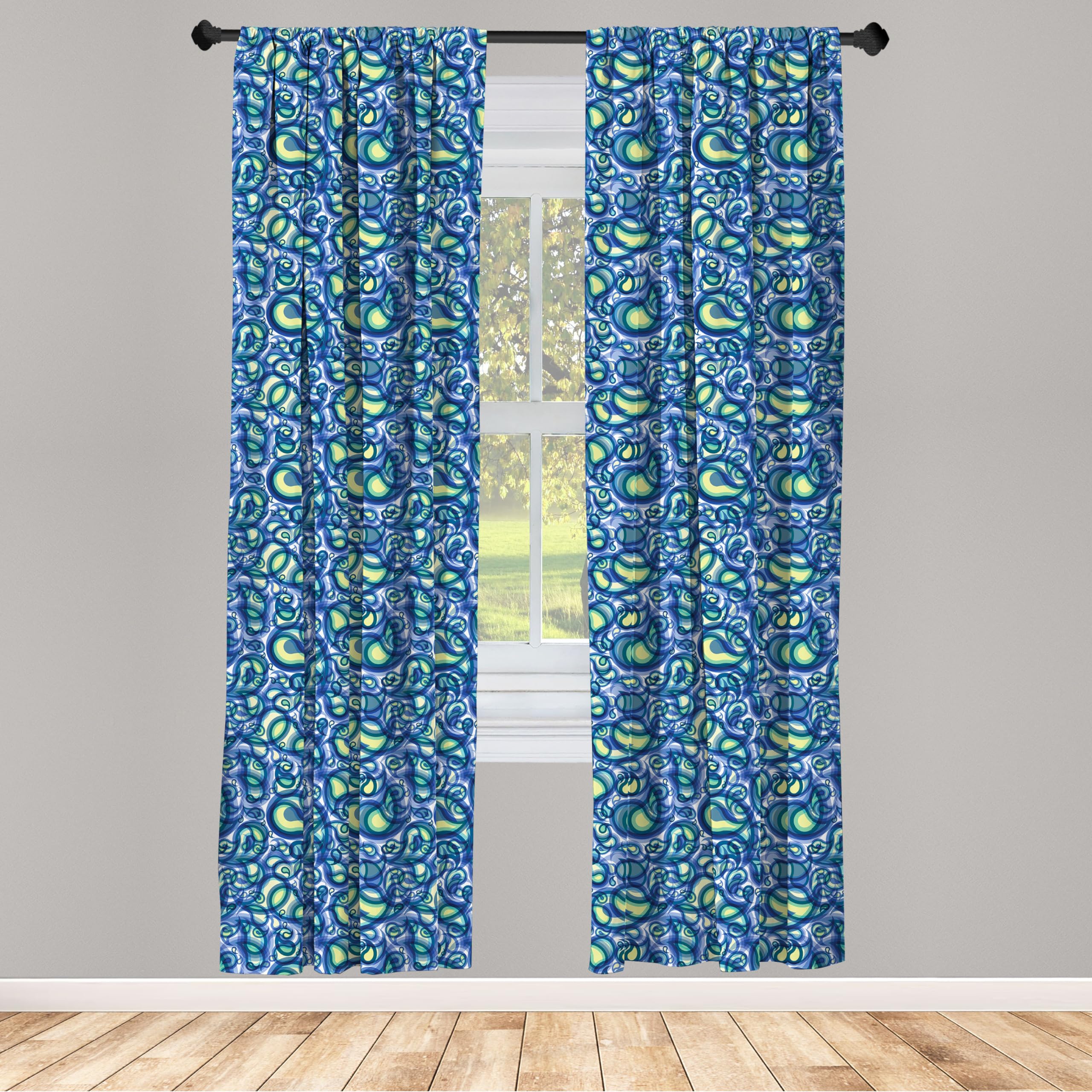 Ambesonne Paisley Window Curtains - Ocean Wave Design with Raindrop Art, Lightweight 2-Panel Set with Rod Pocket (28