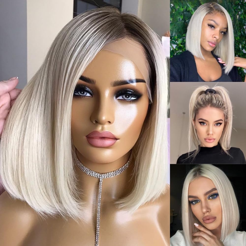 14 Inch Platinum Blonde Lace Front Human Hair Wig - Balayage Ombre Ash Blonde Bob with Dark Roots, Transparent HD Lace Frontal, Pre-Plucked Natural Hairline & Baby Hair (150% Density) | Perfect for Daily Wear, Cosplay, Parties & Special Occasions