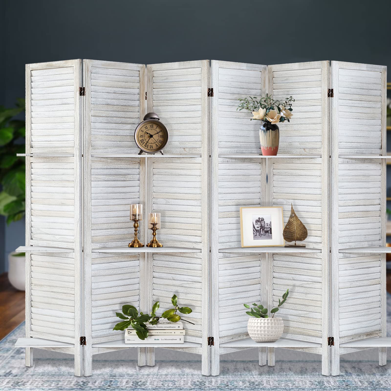 6-Panel Wood Room Divider with Shelves - Folding Privacy Screen & Temporary Wall Partition - Natural Coconut Finish for Home Office, Bedroom & Studio Separation