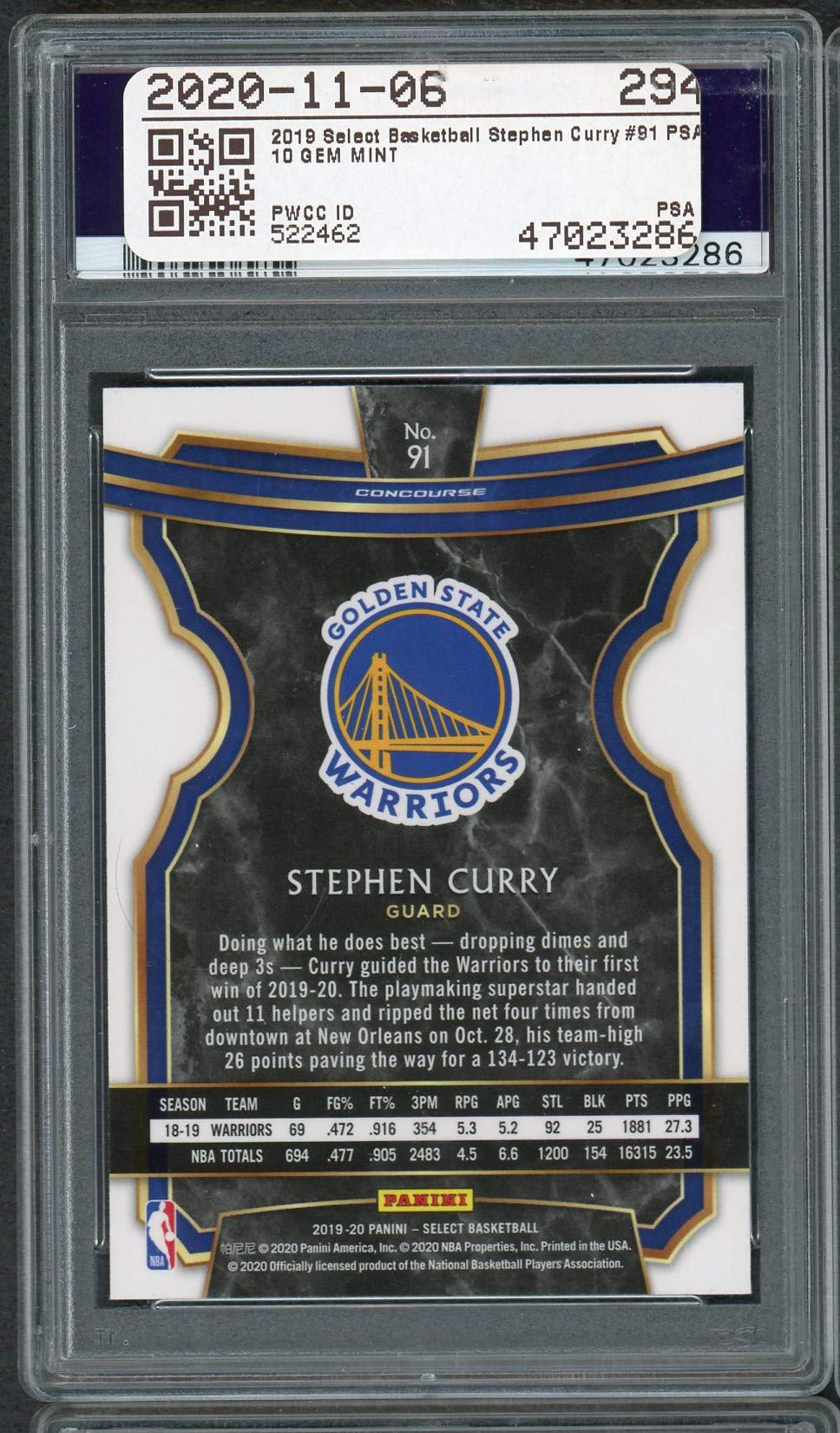 Stephen Curry 2019 Panini Select Basketball Card #91 PSA 10 GEM MINT - Rare Collectible for Basketball Fans, Perfect for Display, Investment & Memorabilia Collections