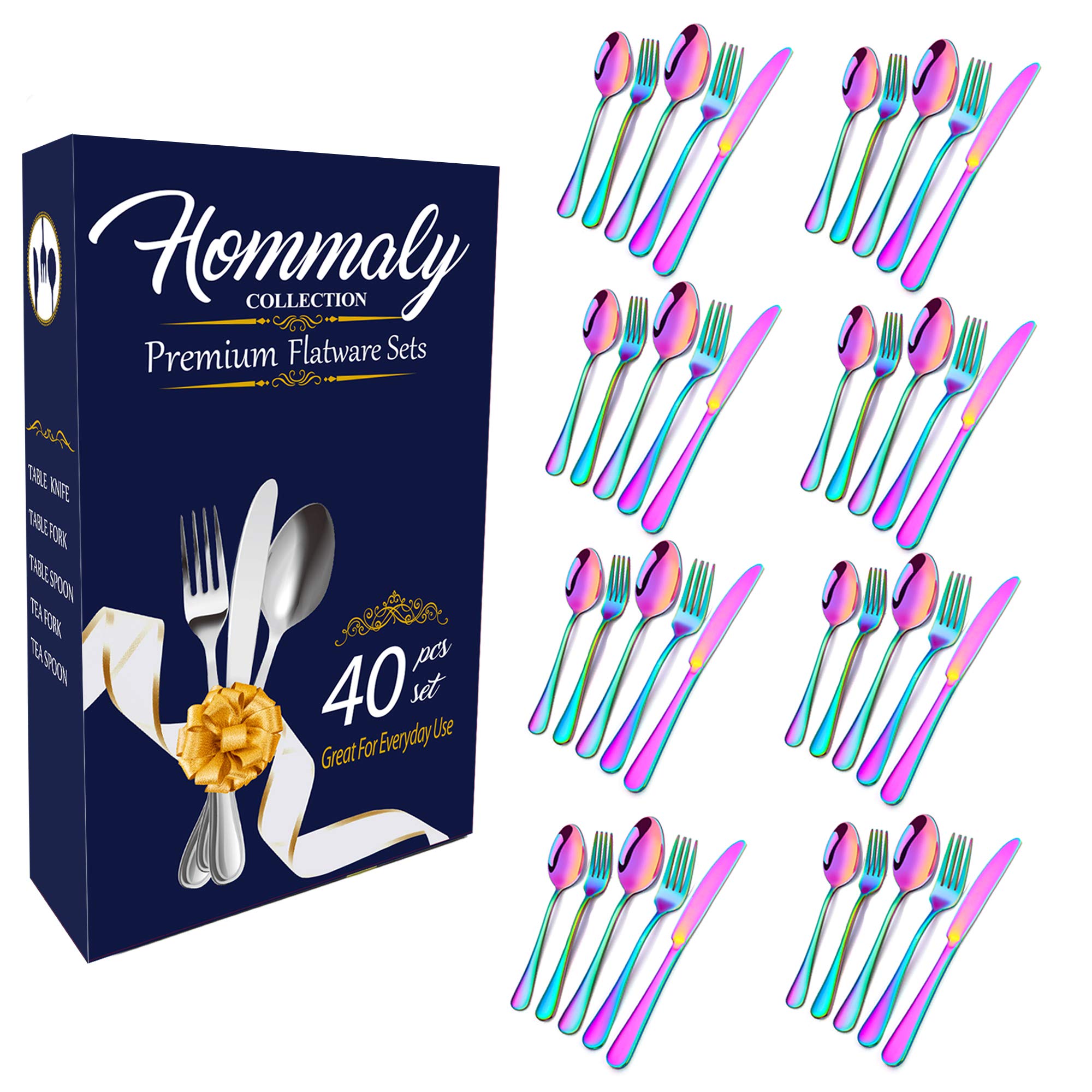 Vibrant Rainbow Stainless Steel Flatware Set - 40-Piece Colorful Dinnerware for 8 People, Mirror Finish Cutlery Set with Multicolor Handles - Perfect for Parties, Weddings & Stylish Home Dining