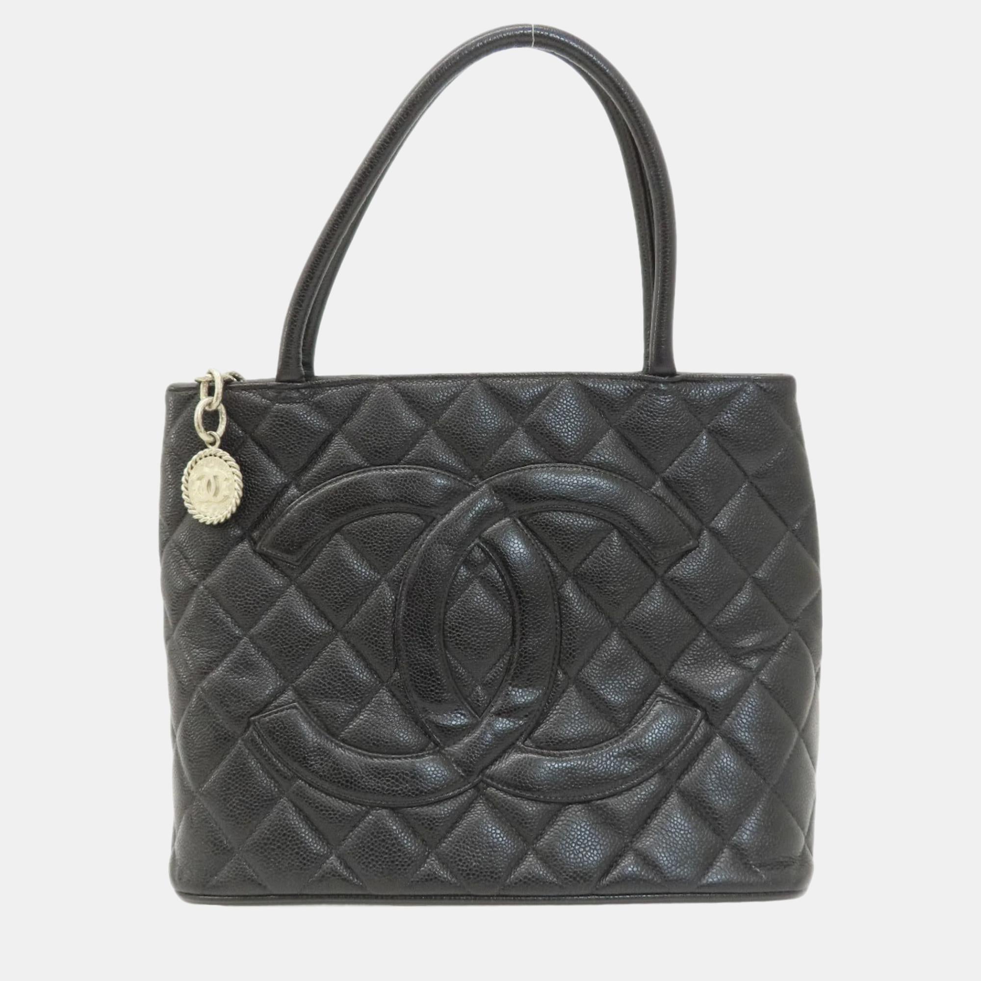 Luxury Black Caviar Leather Medallion Tote Bag for Women - Elegant Designer Handbag for Work, Travel & Everyday Use