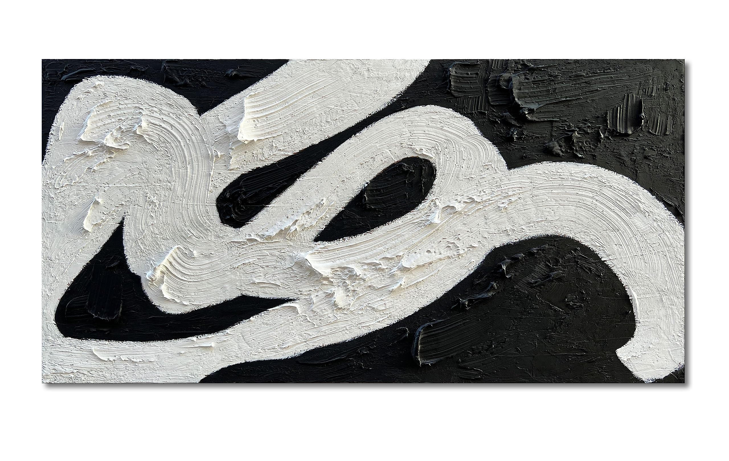 Contemporary Minimalist Black and White Abstract Oil Painting - 24x48 Inch Textured Wall Art for Modern Home & Office Decor | Perfect for Living Room, Bedroom or Workspace