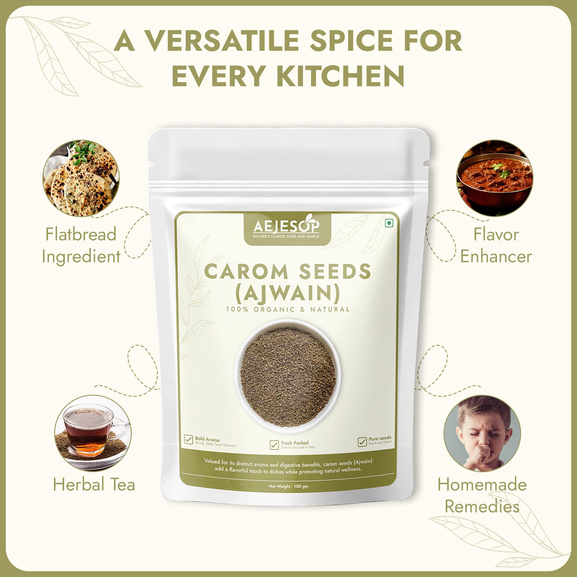 Organic Carom Seeds (Ajwain) Whole Spices - 3.5oz (100g) | Premium Ajowan for Cooking, Digestion & Ayurvedic Remedies | Perfect for Indian Cuisine, Breads & Herbal Teas