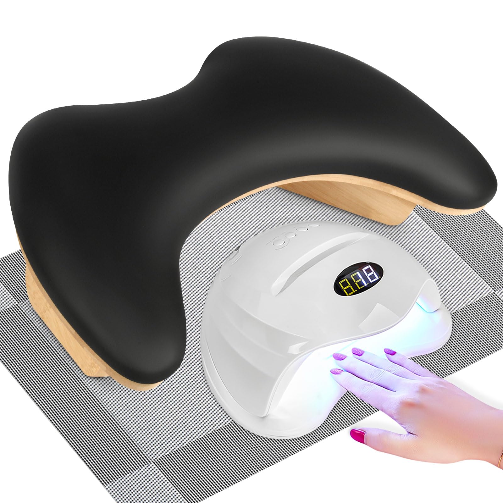 Ergonomic U-Shaped Hand Rest for Nail Technicians - Adjustable Nail Arm Rest Cushion with Detachable Brackets & Non-Slip Nail Table Mat - Perfect for Gel, Acrylic & Manicure Services in Salons & Home Studios (Black)