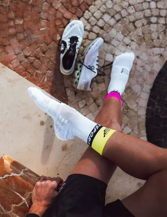 Compressport Unisex Mid Compression Socks V2.0 - White, Yellow & Neon Pink for Running, Cycling & Recovery - Athletic Performance Socks for Men & Women
