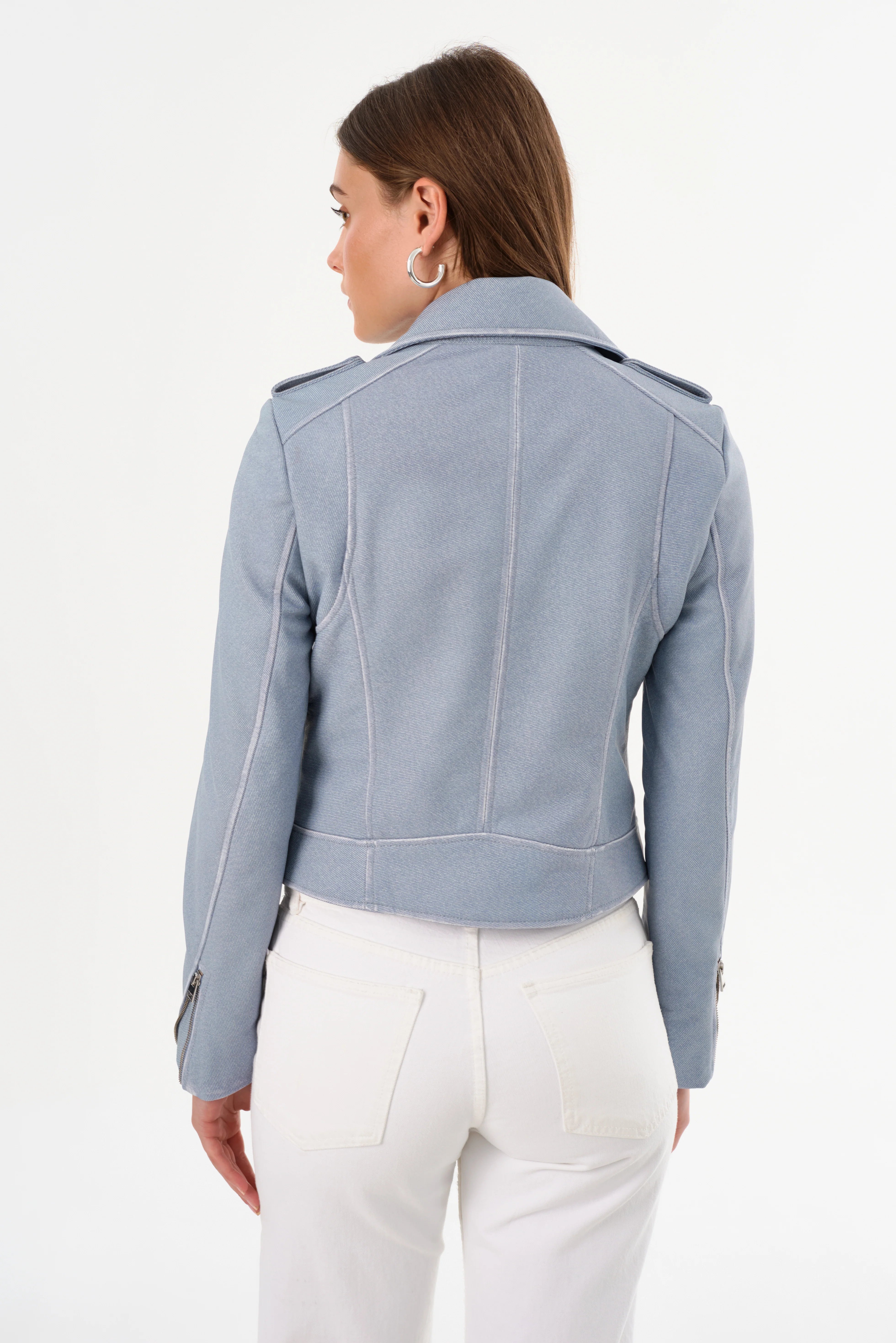 Women's Light Blue Denim Leather Biker Jacket - Stylish Motorcycle Outerwear for Casual Wear & Night Out